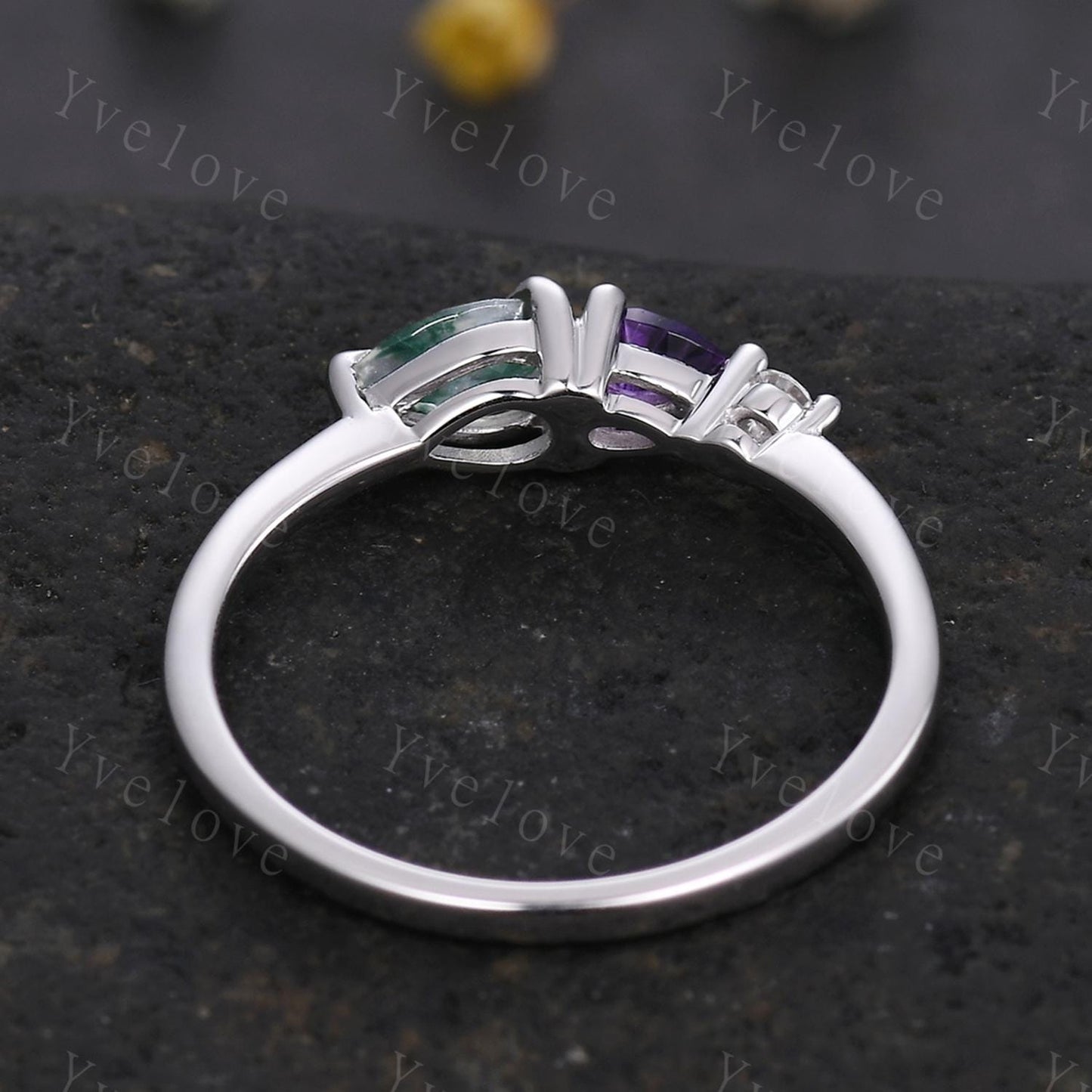 Unique Moss Agate Amethyst Engagement Ring,Pear Cut Gems,Art Deco Diamond Wedding Band,3 Stone Unique Women Bridal Promise Ring,Customized