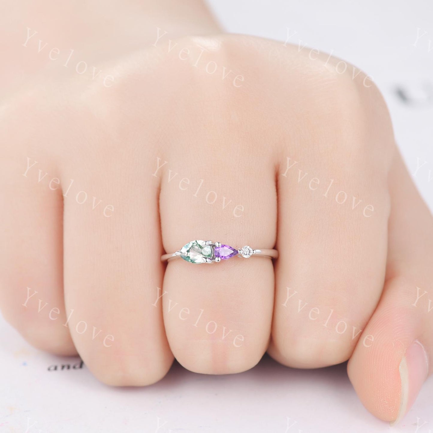 Unique Moss Agate Amethyst Engagement Ring,Pear Cut Gems,Art Deco Diamond Wedding Band,3 Stone Unique Women Bridal Promise Ring,Customized