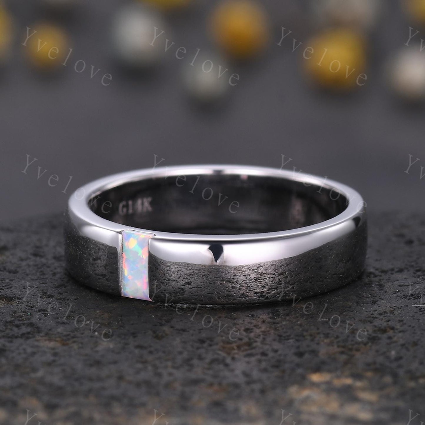 Mens White Opal Wedding Band Baguette Cut Opal Plain Band 5mm White Gold Ring Mens Solitaire Stacking Matching Band Retro Vintage Ring Gift