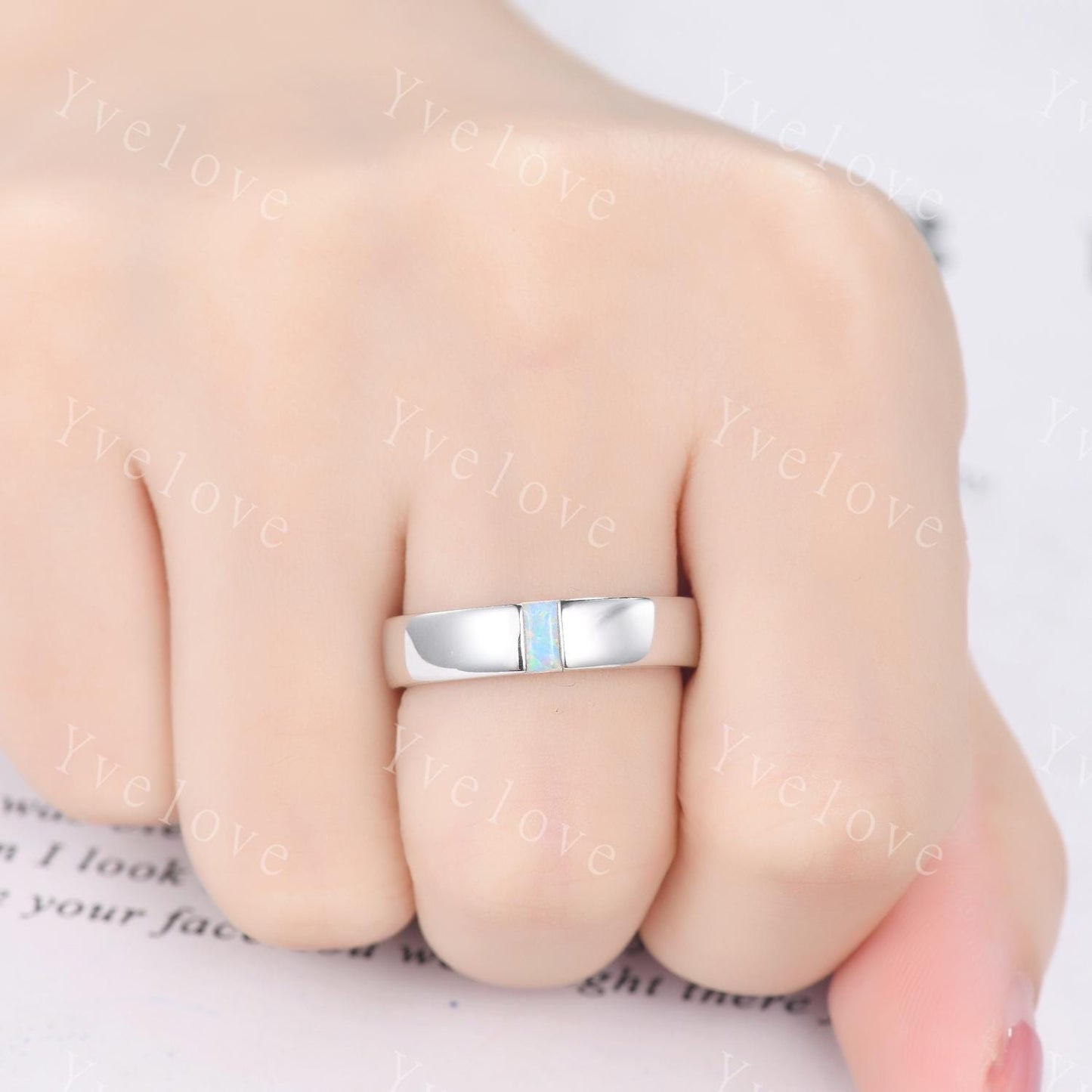 Mens White Opal Wedding Band Baguette Cut Opal Plain Band 5mm Solid Gold Ring Mens Solitaire Stacking Matching Band Retro Vintage Ring Gift