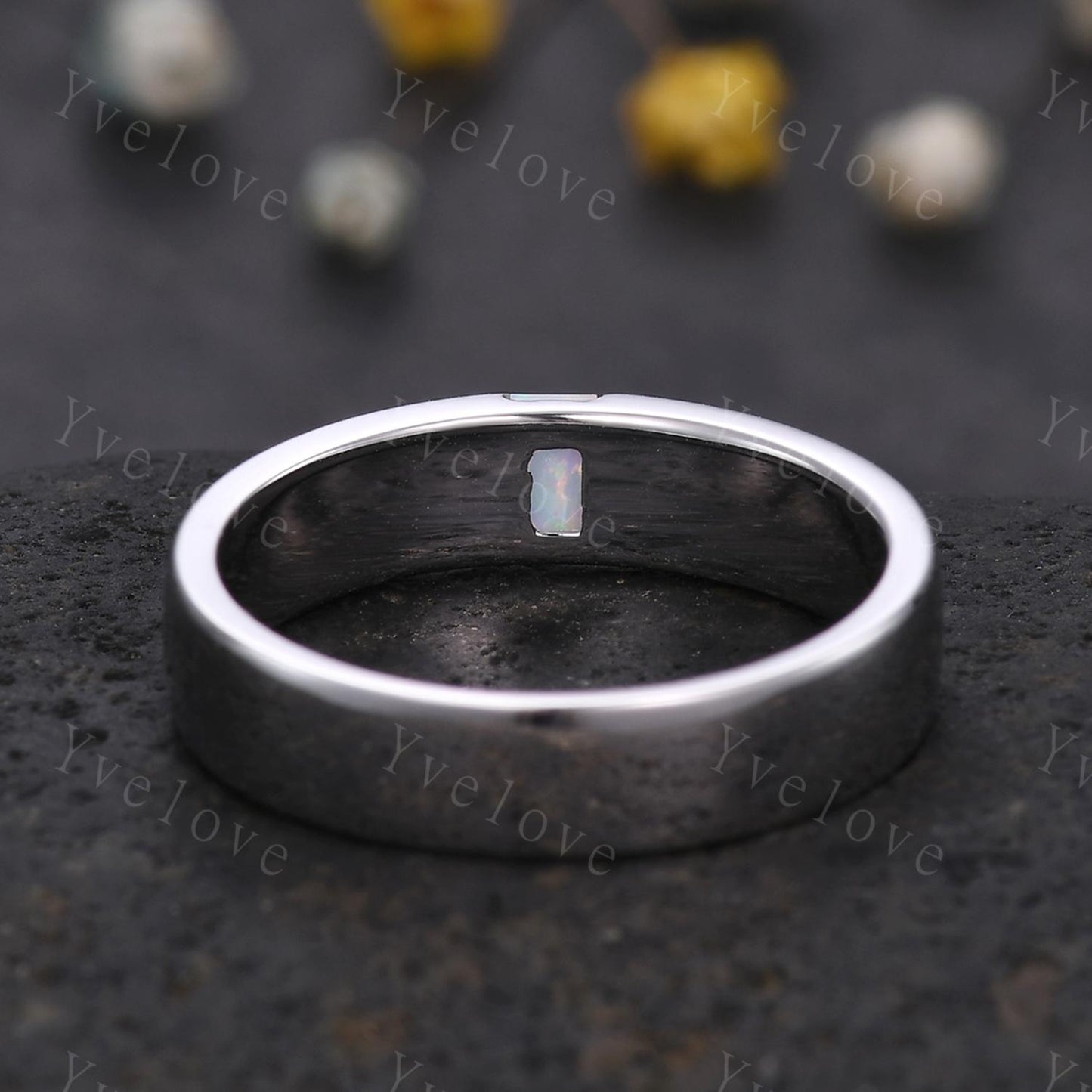 Mens White Opal Wedding Band Baguette Cut Opal Plain Band 5mm White Gold Ring Mens Solitaire Stacking Matching Band Retro Vintage Ring Gift