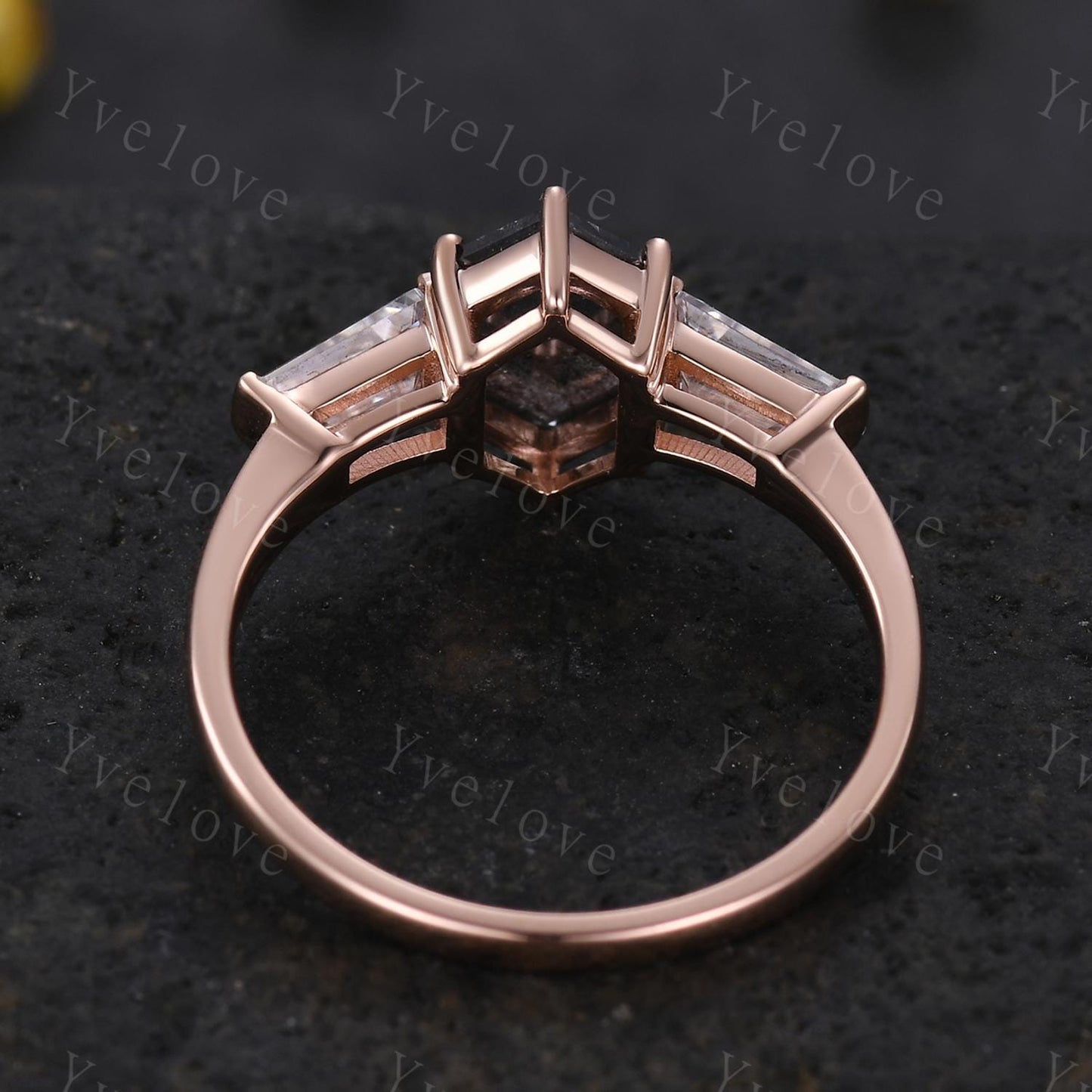 Art Deco Hexagon Cut Moss Agate Engagement Ring,Vintage Baguette Moissanite Ring,Unique Three Stone Ring,Natural Inspired Ring Promise Gift