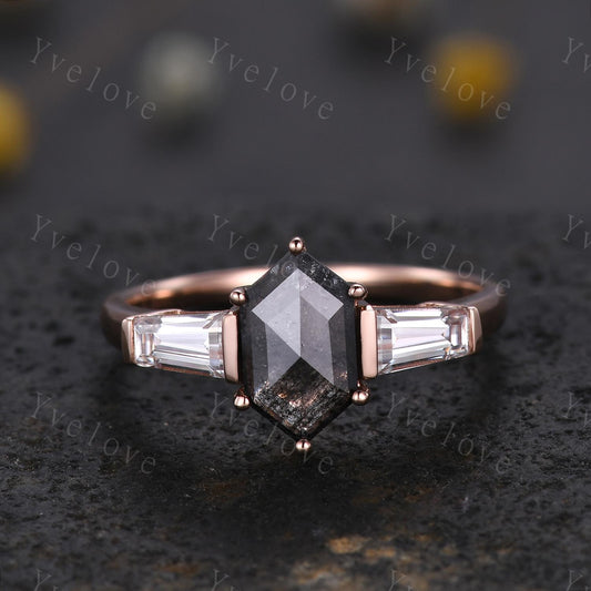 Retro Hexagon Salt and Pepper Diamond Ring,Vintage Tapered Baguette Moissanite Ring,Unique Three Stone Engagement Ring,Promise Gift Handmade