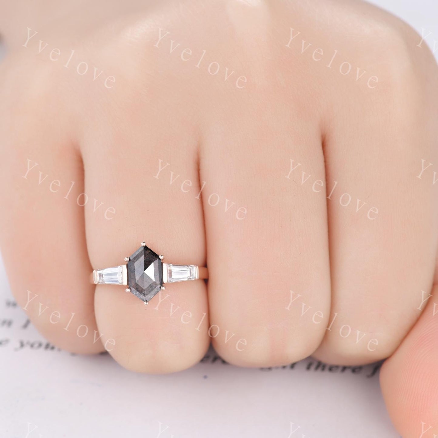 Retro Hexagon Salt and Pepper Diamond Ring,Vintage Tapered Baguette Moissanite Ring,Unique Three Stone Engagement Ring,Promise Gift Handmade