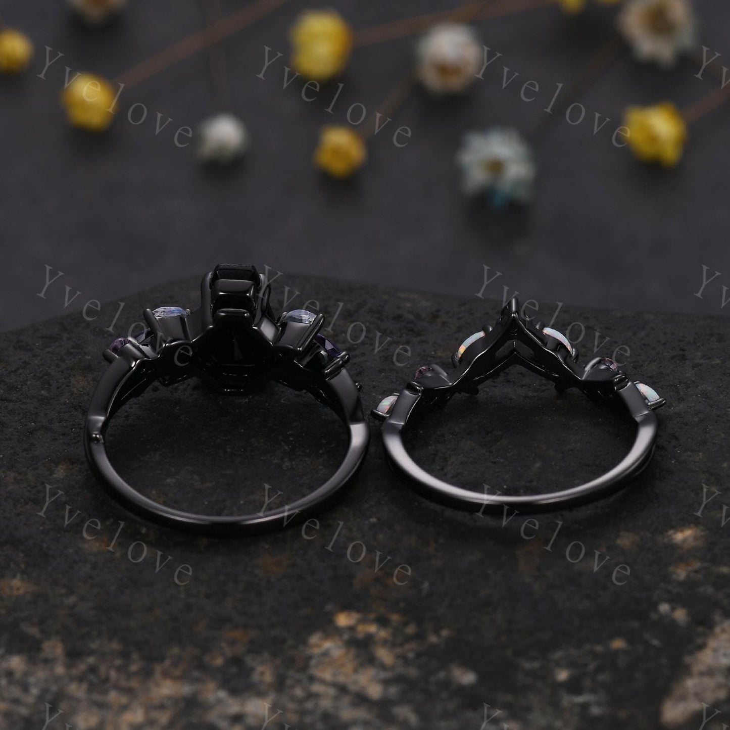 Gothic Coffin Lavender Amethyst Engagement Ring,Black Gold Ring,Vines Moonstone Pink Sapphire Ring,Bridal Set Anniversary Gift Promise Ring