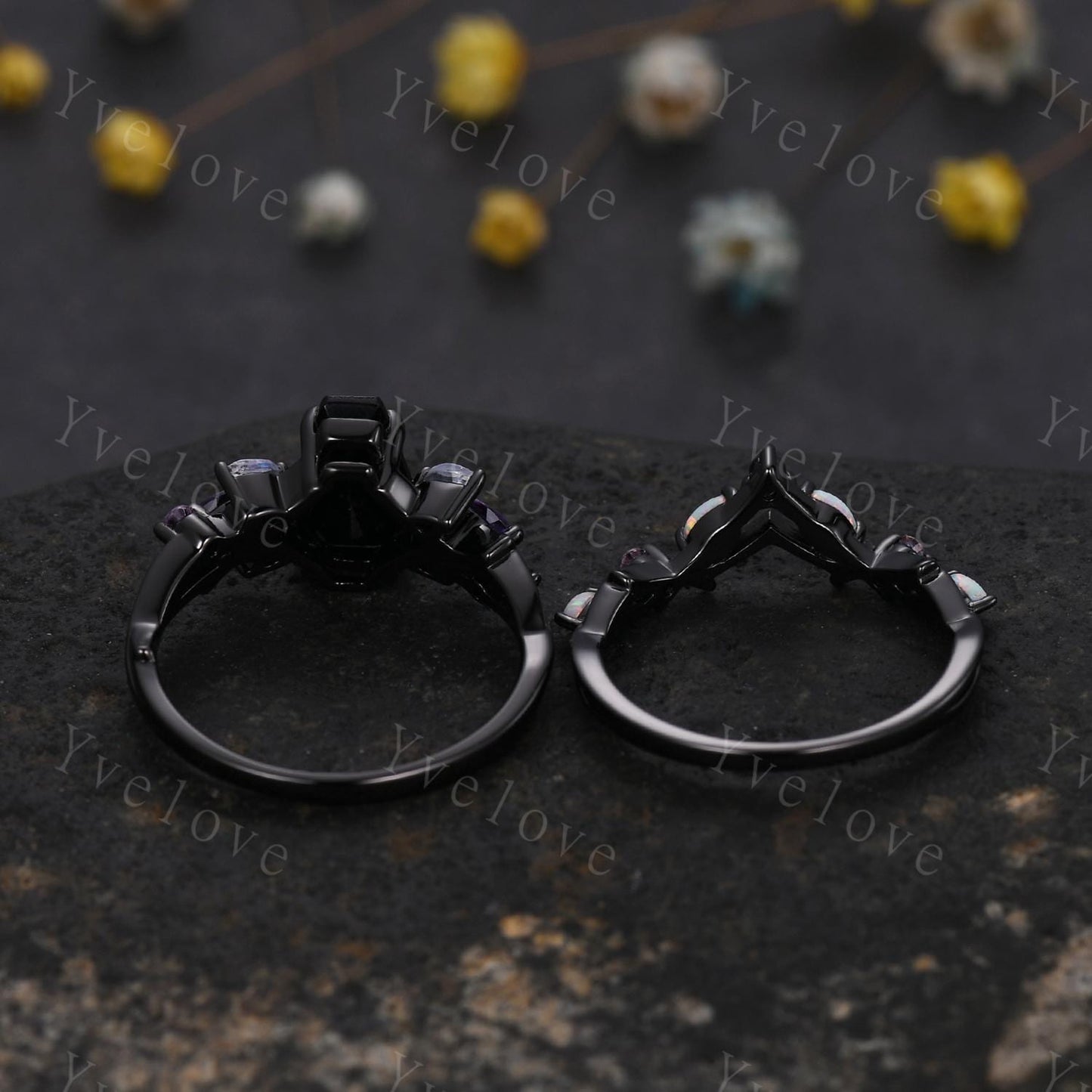 Gothic Coffin Lavender Amethyst Engagement Ring,Black Gold Ring,Vines Moonstone Pink Sapphire Ring,Bridal Ring Anniversary Gift Promise Ring