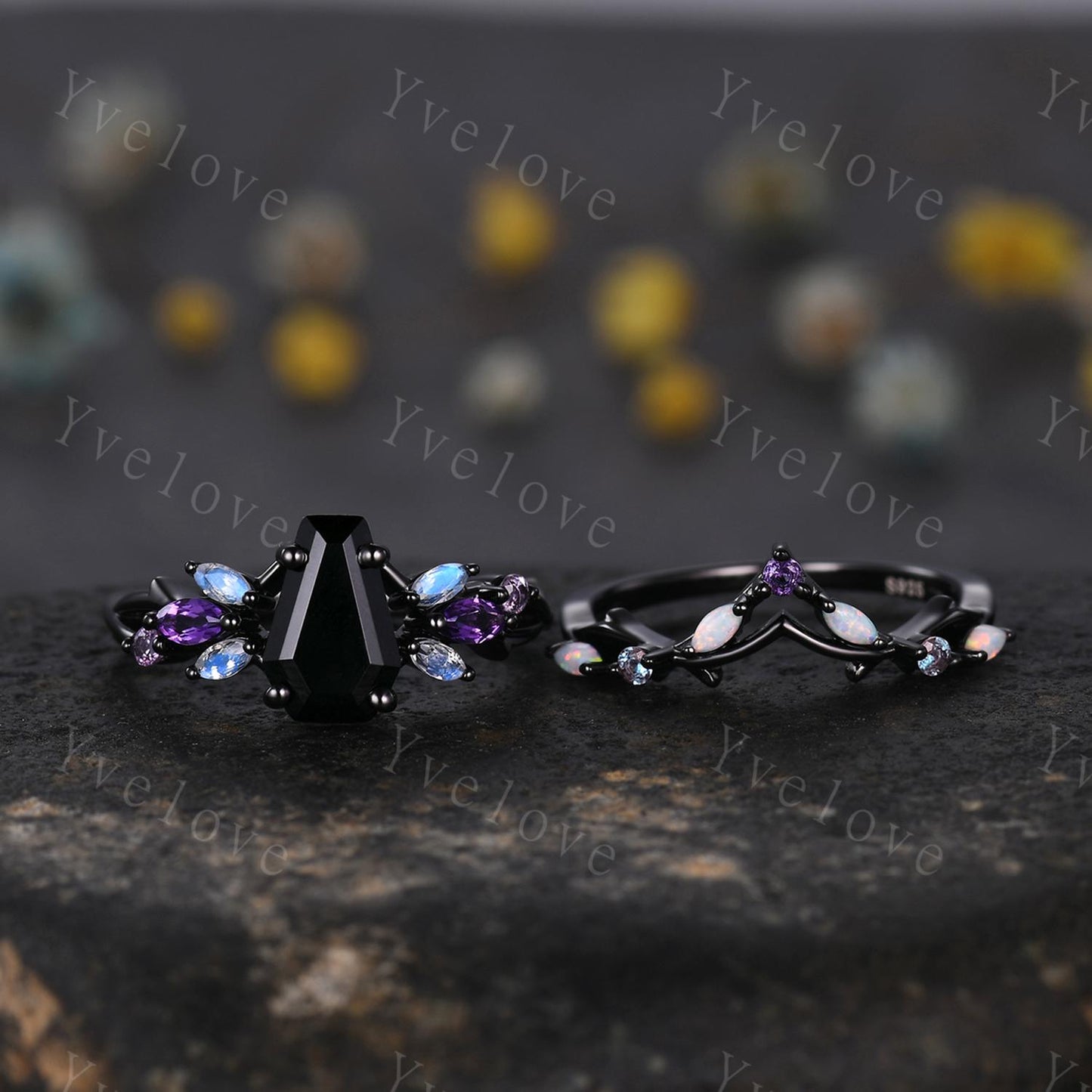 Gothic Coffin Black Onyx Engagement Ring,Black Gold Ring,Vines Moonstone Pink Sapphire Ring,Women Bridal Set,Anniversary Gift Promise Ring