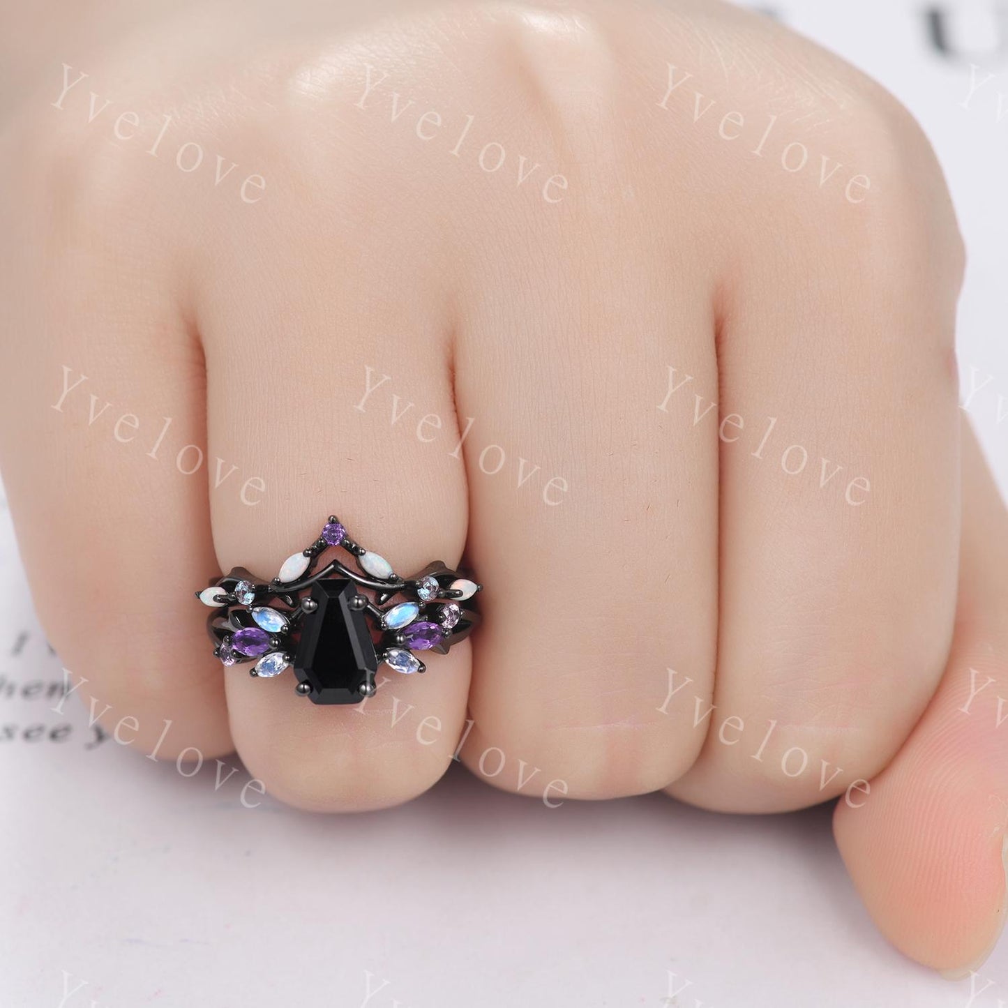 Gothic Coffin Black Onyx Engagement Ring,Black Gold Ring,Vines Moonstone Pink Sapphire Ring,Women Bridal Set,Anniversary Gift Promise Ring