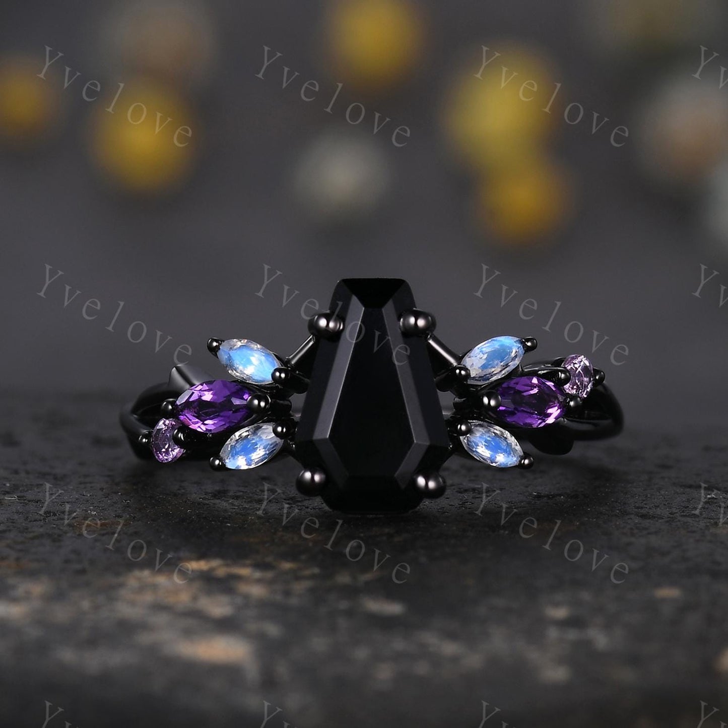 Gothic Coffin Black Onyx Engagement Ring,Black Gold Ring,Vines Moonstone Pink Sapphire Ring,Women Bridal Set,Anniversary Gift Promise Ring