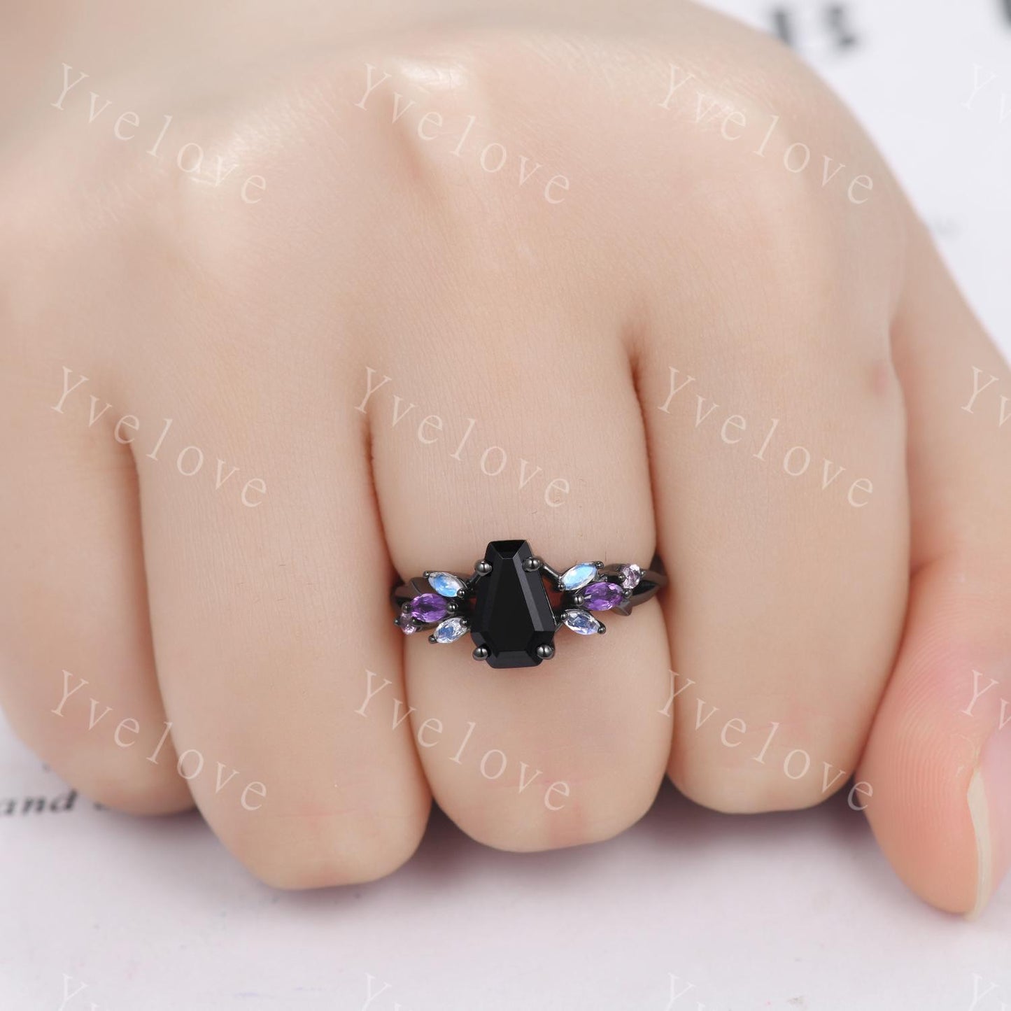 Gothic Coffin Black Onyx Engagement Ring,Black Gold Ring,Vines Moonstone Pink Sapphire Ring,Women Bridal Set,Anniversary Gift Promise Ring
