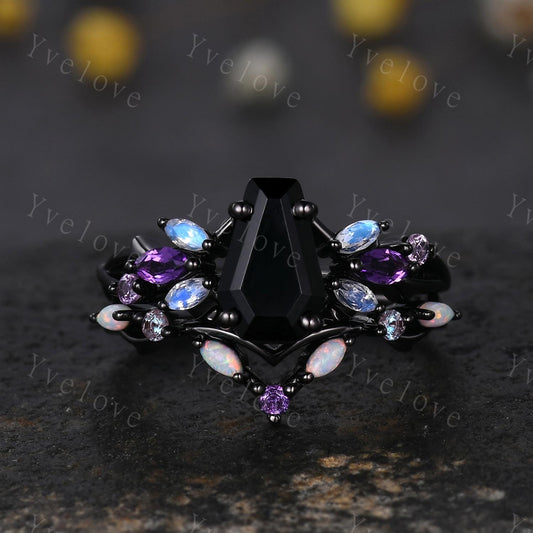 Gothic Coffin Black Onyx Engagement Ring,Black Gold Ring,Vines Moonstone Pink Sapphire Ring,Women Bridal Set,Anniversary Gift Promise Ring