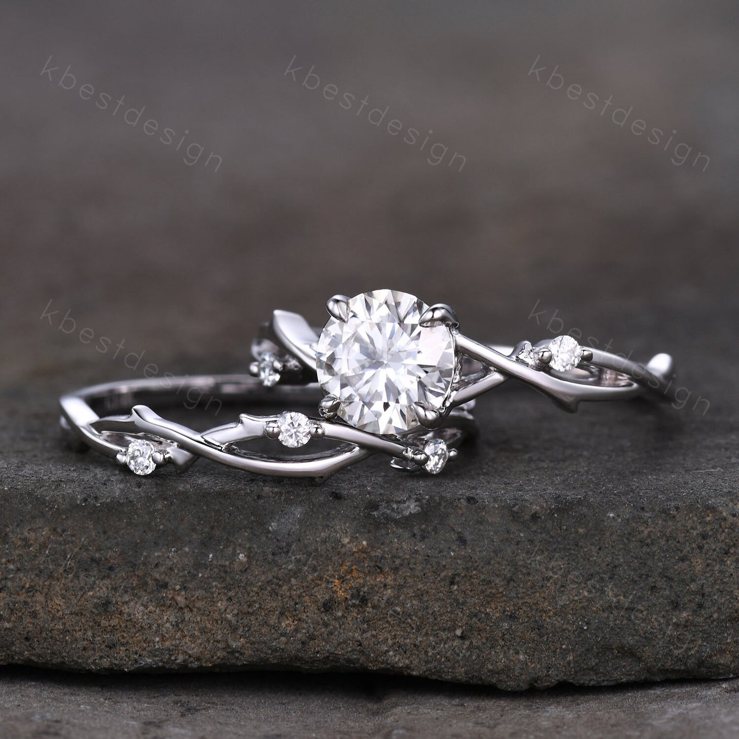 Vintage moissanite engagement ring sterling silver ring art deco twig stacking band round shaped bridal set unique moissanite wedding set