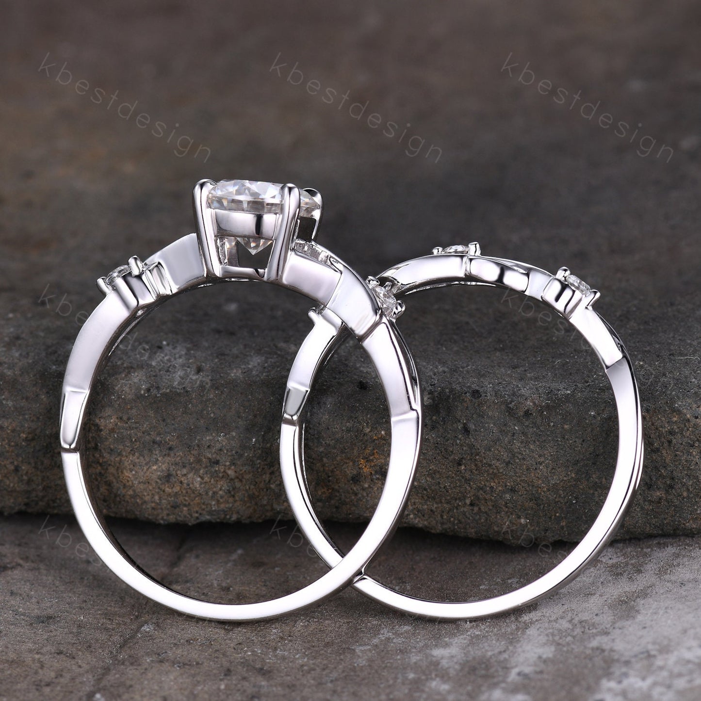 Vintage moissanite engagement ring sterling silver ring art deco twig stacking band round shaped bridal set unique moissanite wedding set