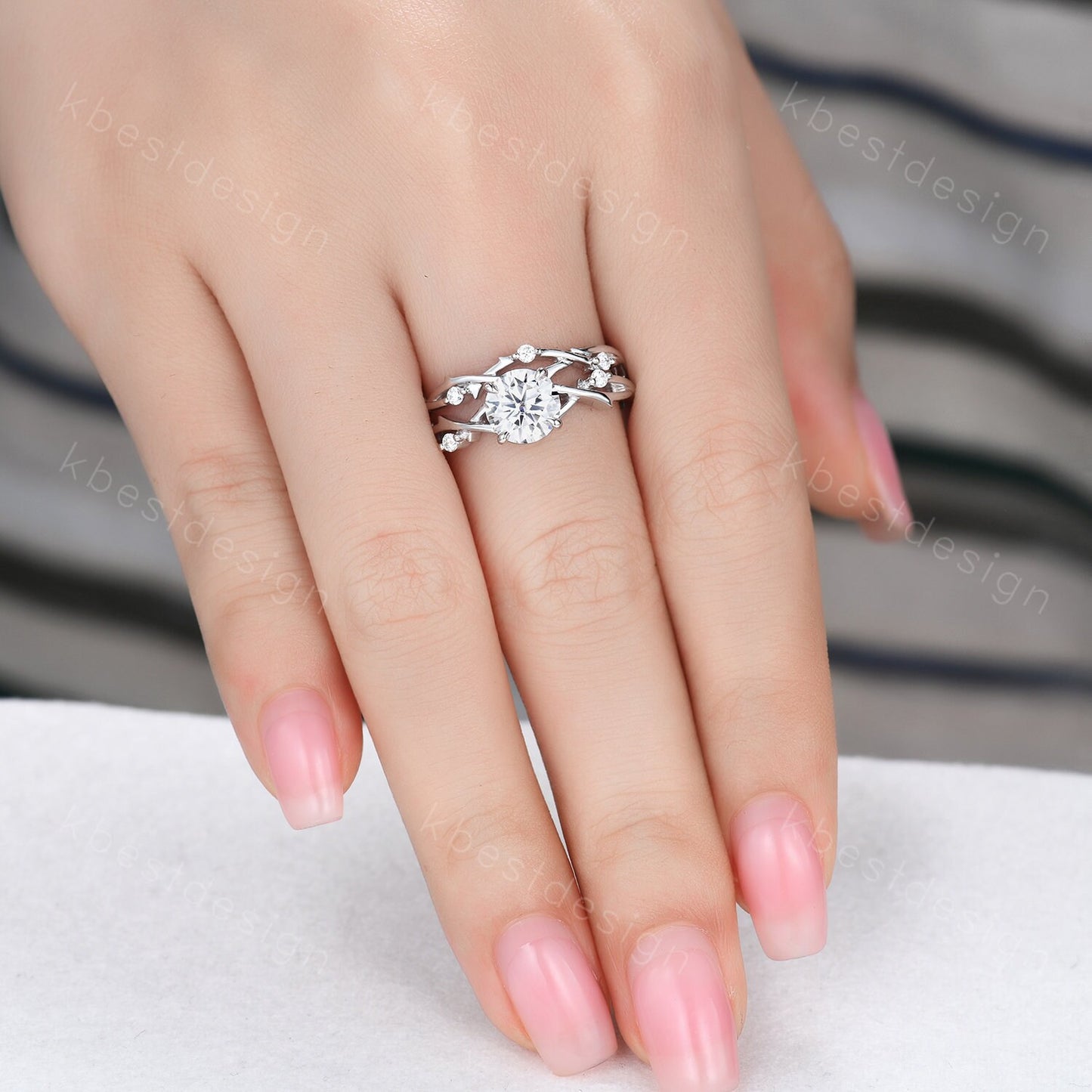 Vintage moissanite engagement ring sterling silver ring art deco twig stacking band round shaped bridal set unique moissanite wedding set