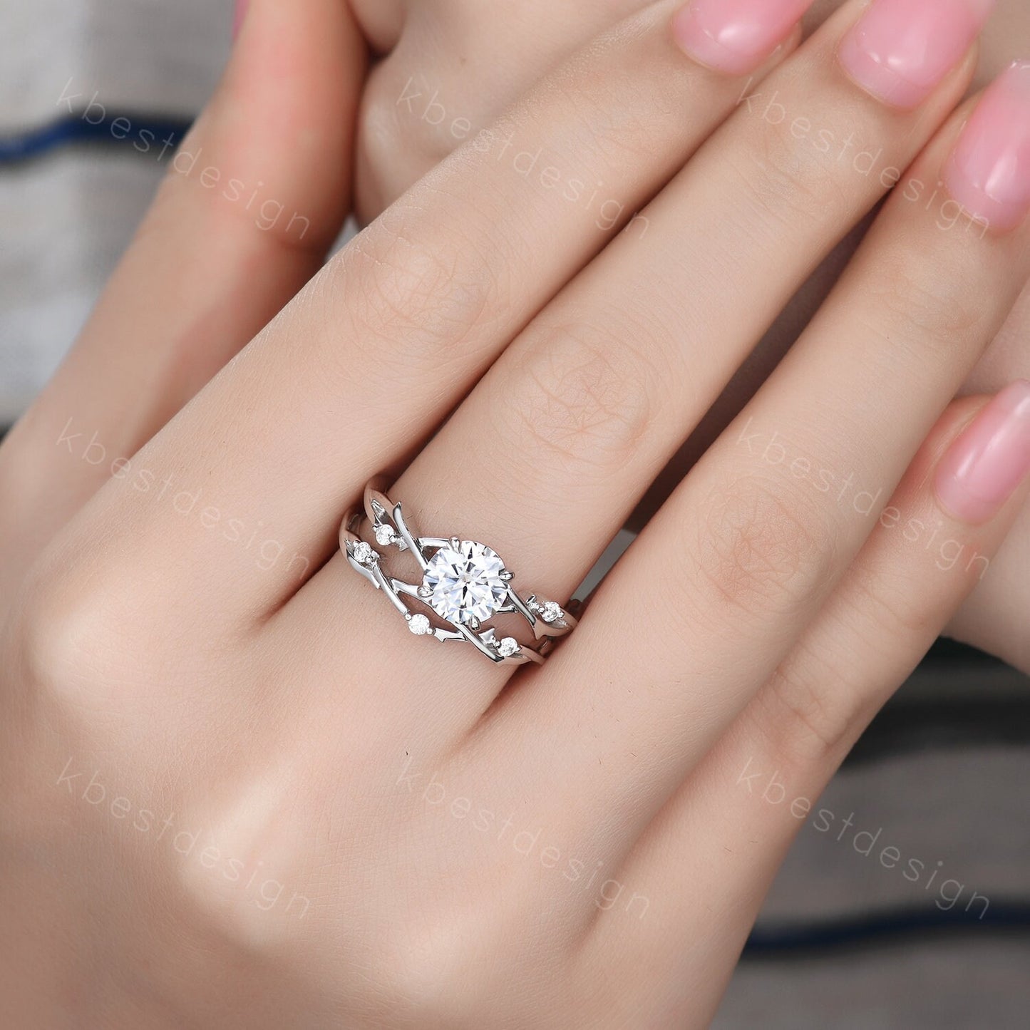 Vintage moissanite engagement ring sterling silver ring art deco twig stacking band round shaped bridal set unique moissanite wedding set
