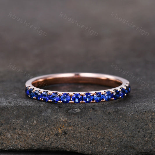 Half Eternity Blue Sapphire Wedding Band Rose Gold Band for Women 2mm Sapphire Stacking Band September Birthstone Ring Anniversary Ring