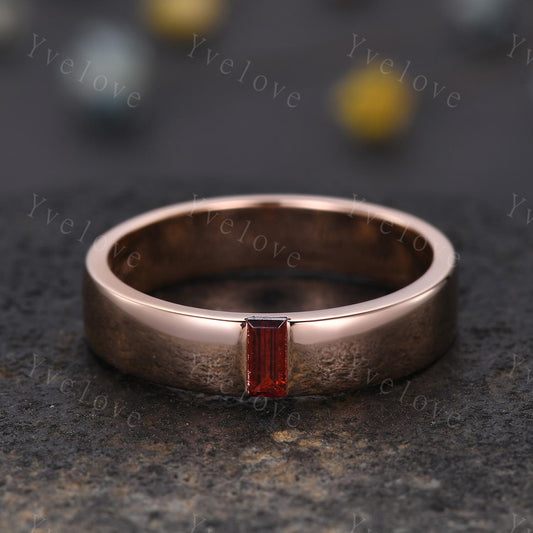 Mens Red Garnet Wedding Band Baguette Cut Garnet Band 5mm Rose Gold Ring Mens Solitaire Stacking Matching Band Retro Vintage Ring Gift