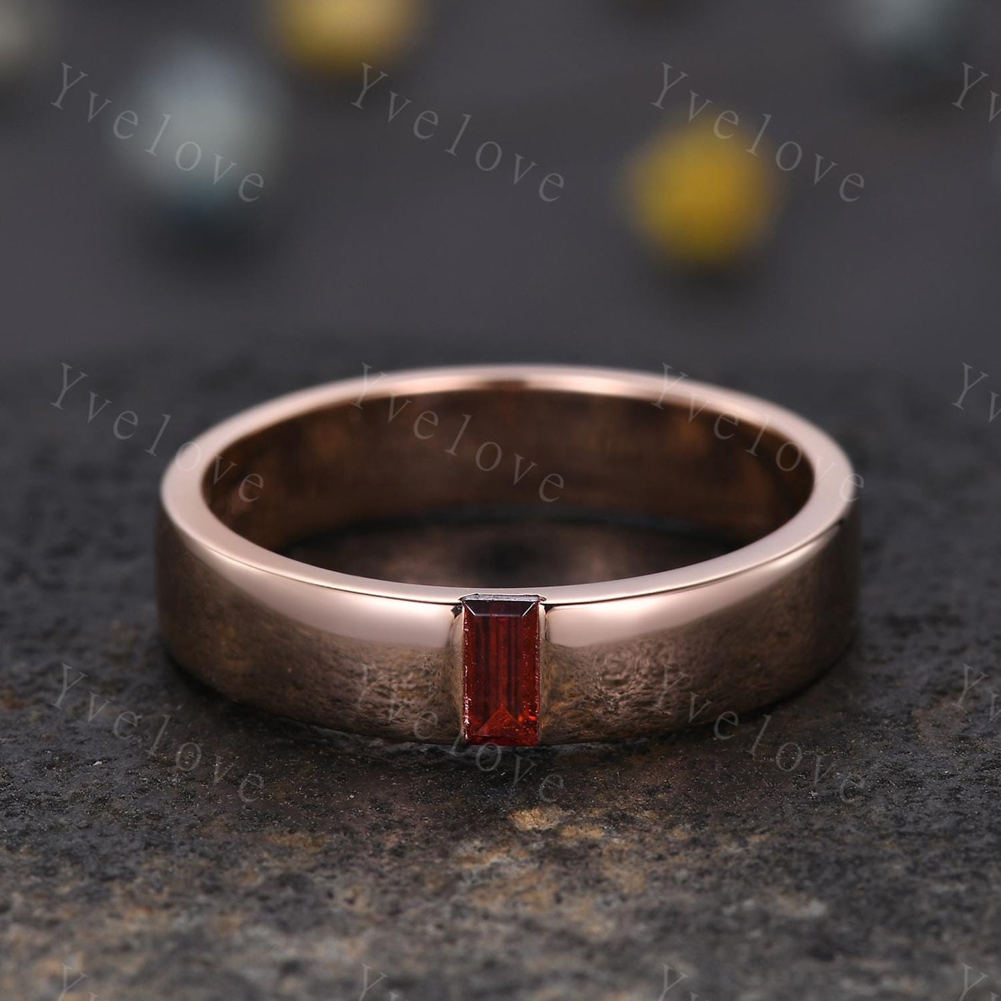 Mens Red Garnet Wedding Band Baguette Cut Garnet Band 5mm Solid Gold Ring Mens Solitaire Stacking Matching Band Retro Vintage Ring Gift