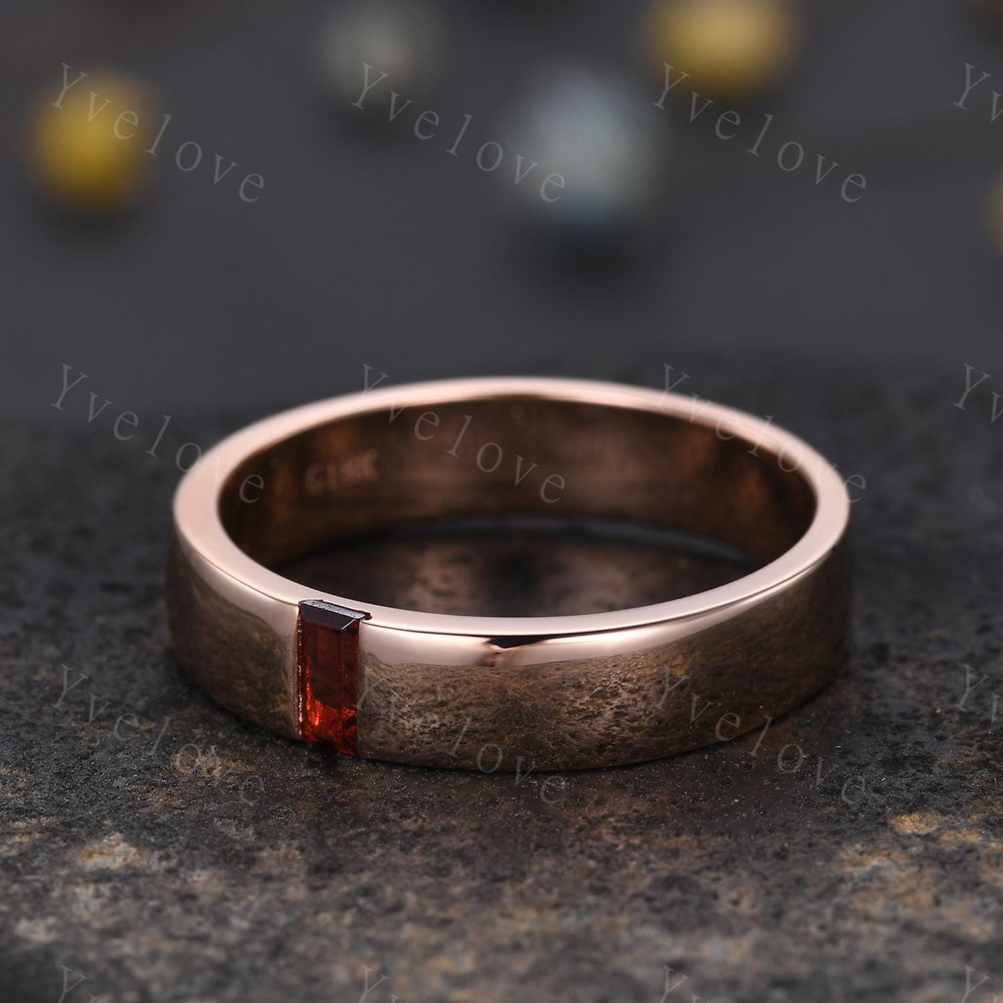 Mens Red Garnet Wedding Band Baguette Cut Garnet Band 5mm Rose Gold Ring Mens Solitaire Stacking Matching Band Retro Vintage Ring Gift