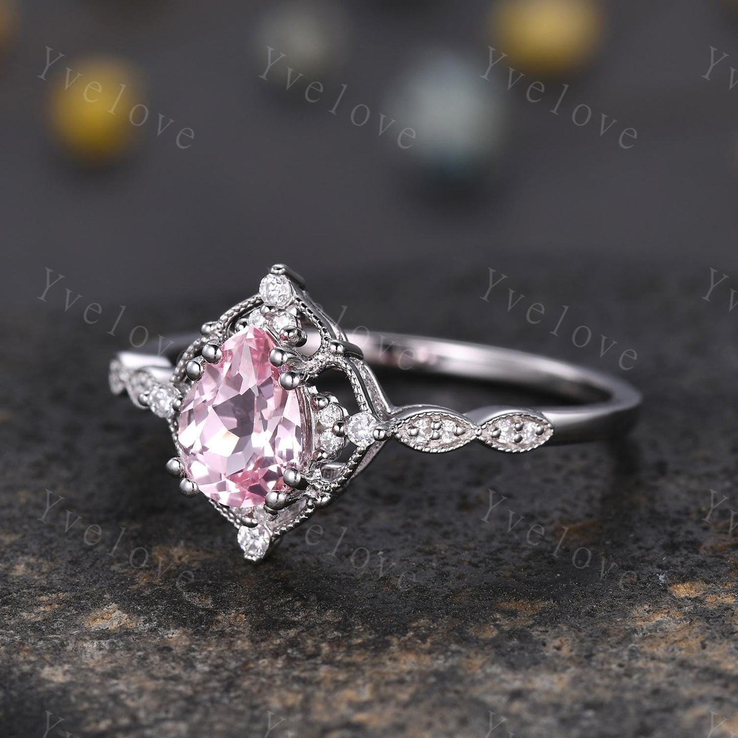 Vintage Pink Sapphire Engagement Ring,Teardrop Sapphire Ring,14K 18K White Gold,Unique Women Moissanite Promise Ring For Her,Handmade Gift