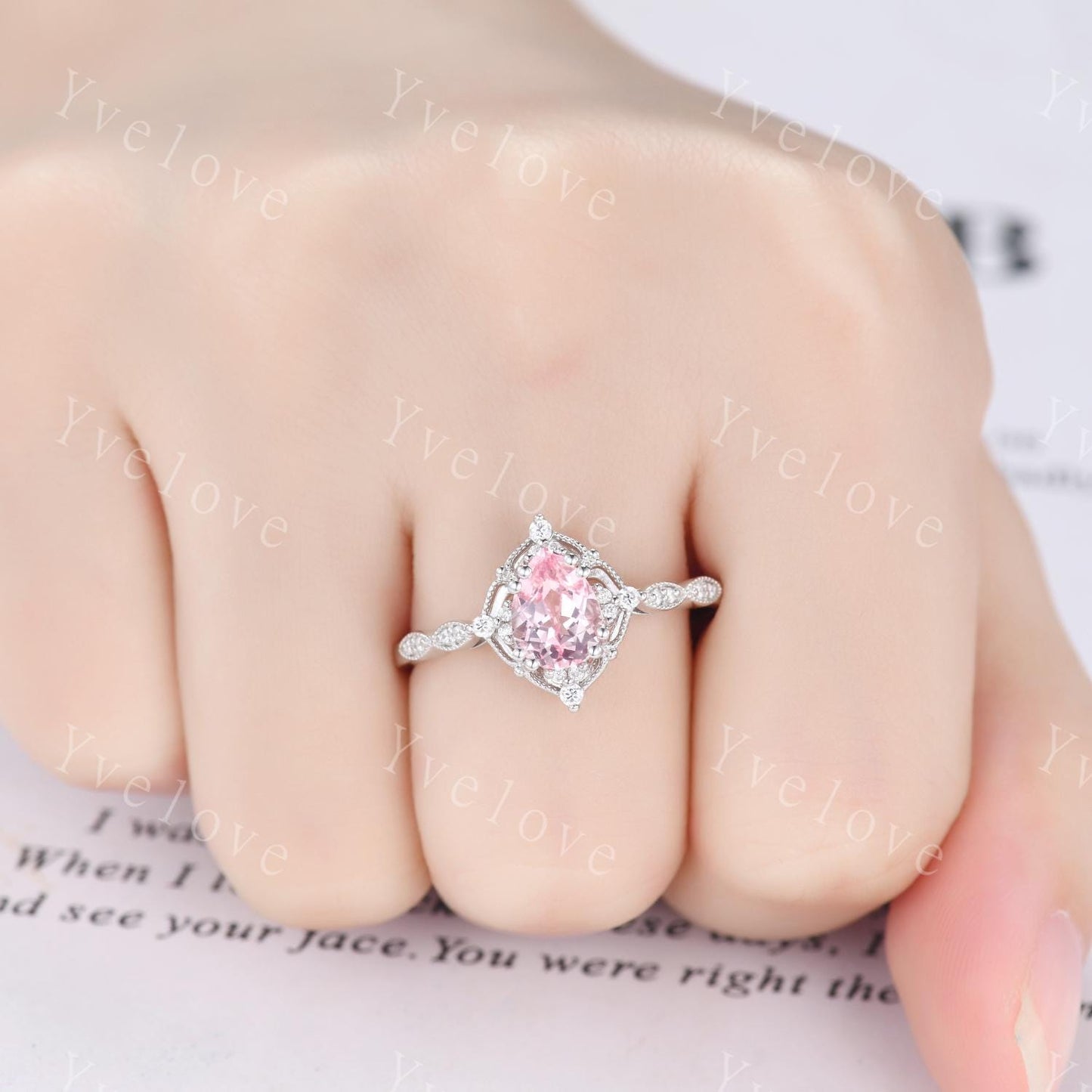 Vintage Pink Sapphire Engagement Ring,Teardrop Sapphire Ring,14K 18K White Gold,Unique Women Moissanite Promise Ring For Her,Handmade Gift