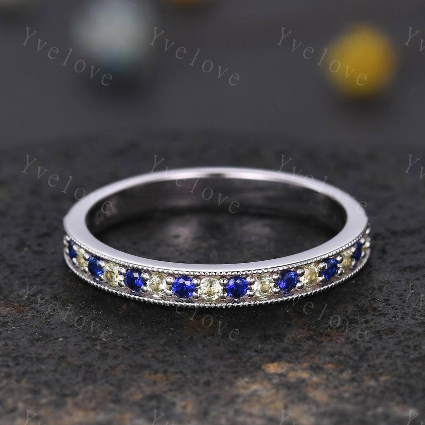 Peridot wedding band sapphire wedding ring 14k white gold half eternity ring milgrain style birthstone ring anniversary gift handmade gift