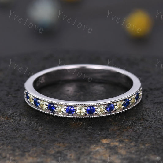 Peridot wedding band sapphire wedding ring 14k white gold half eternity ring milgrain style birthstone ring anniversary gift handmade gift