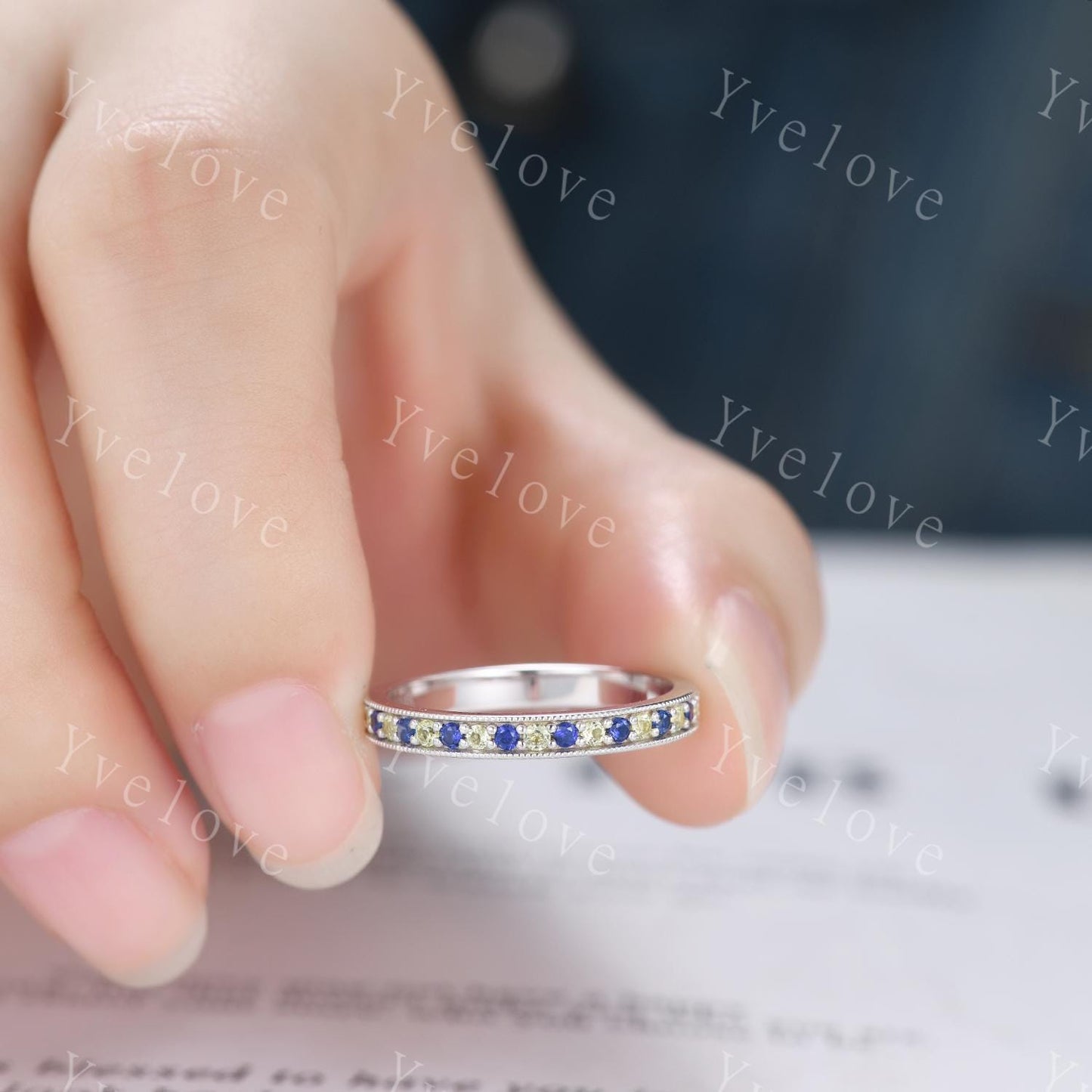 Peridot wedding band sapphire wedding ring 14k white gold half eternity ring milgrain style birthstone ring anniversary gift handmade gift