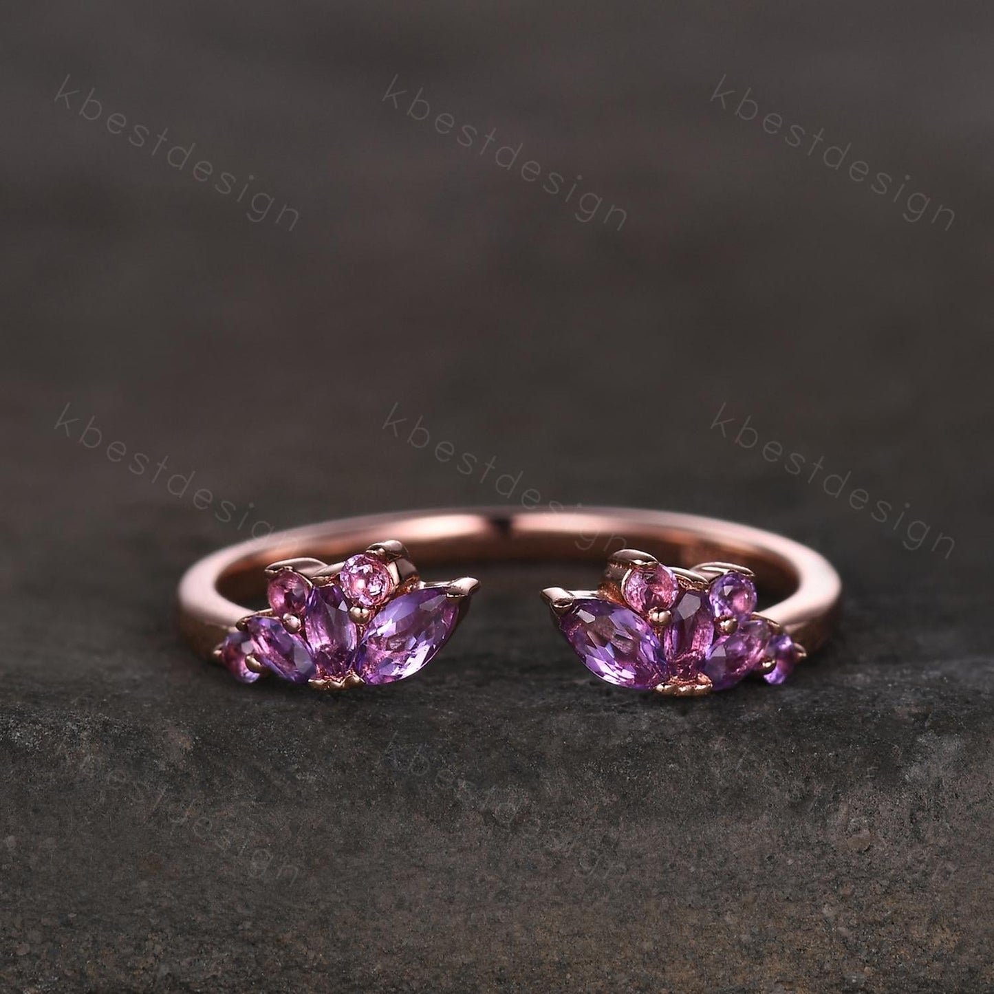 Open gap Amethyst Wedding Band sterling silver vintage petal wedding ring Delicate Stacking matching curved wedding band bridal ring gift