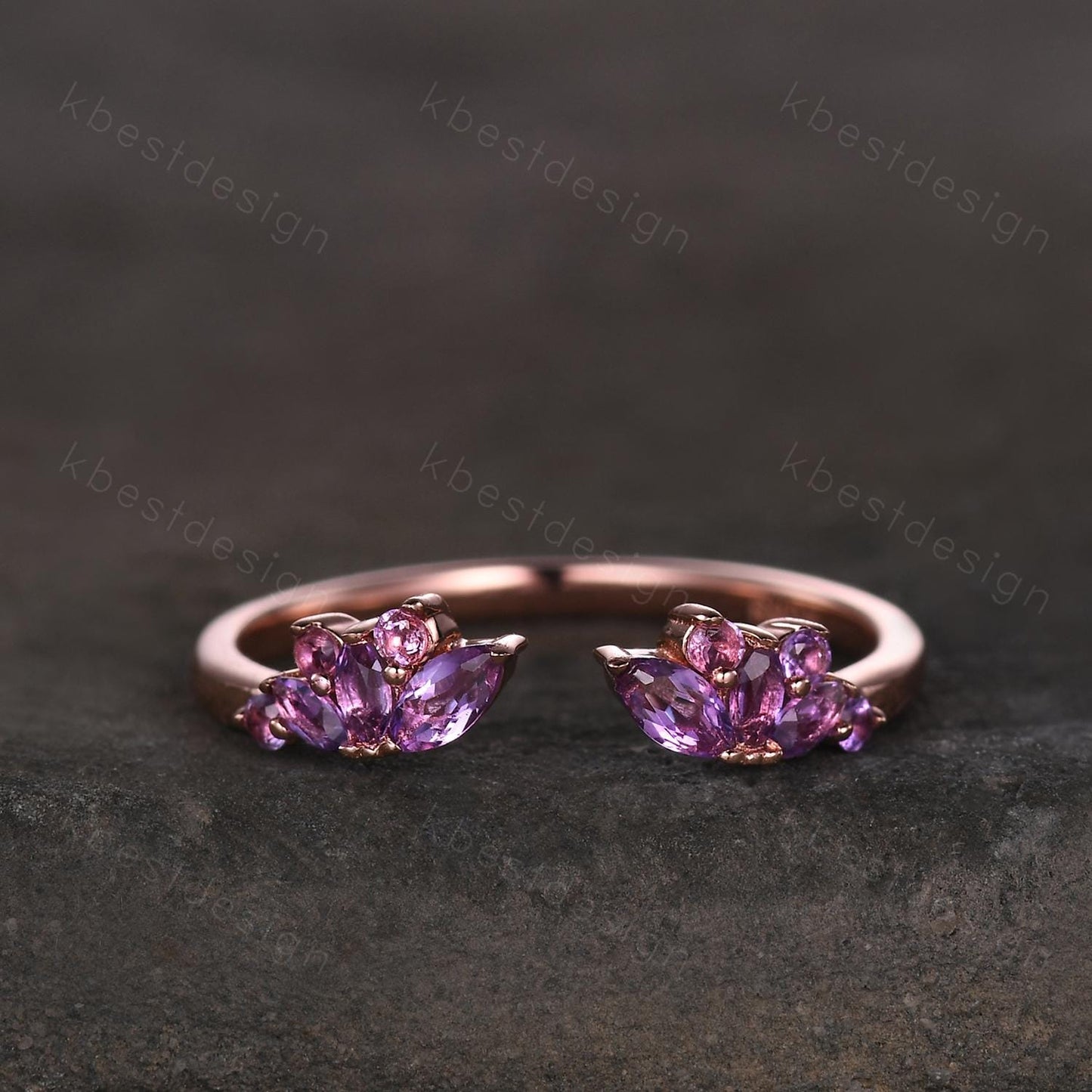 Open gap Amethyst Wedding Band rose gold vintage petal wedding ring Delicate Stacking matching curved wedding band bridal ring gift