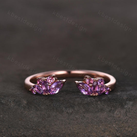 Open gap Amethyst Wedding Band rose gold vintage petal wedding ring Delicate Stacking matching curved wedding band bridal ring gift