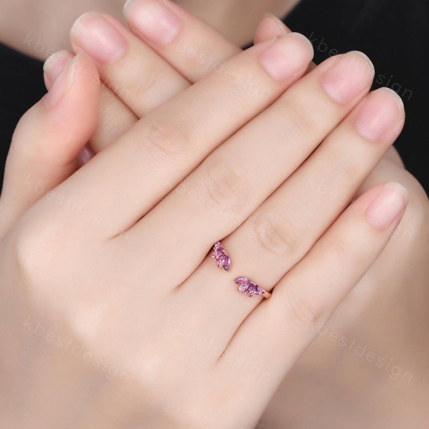 Open gap Amethyst Wedding Band rose gold vintage petal wedding ring Delicate Stacking matching curved wedding band bridal ring gift