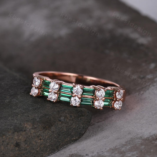 Vintage Emerald wedding band women Baguette cut Half eternity band Rose gold wedding band Unique Stacking Matching bridal promise ring