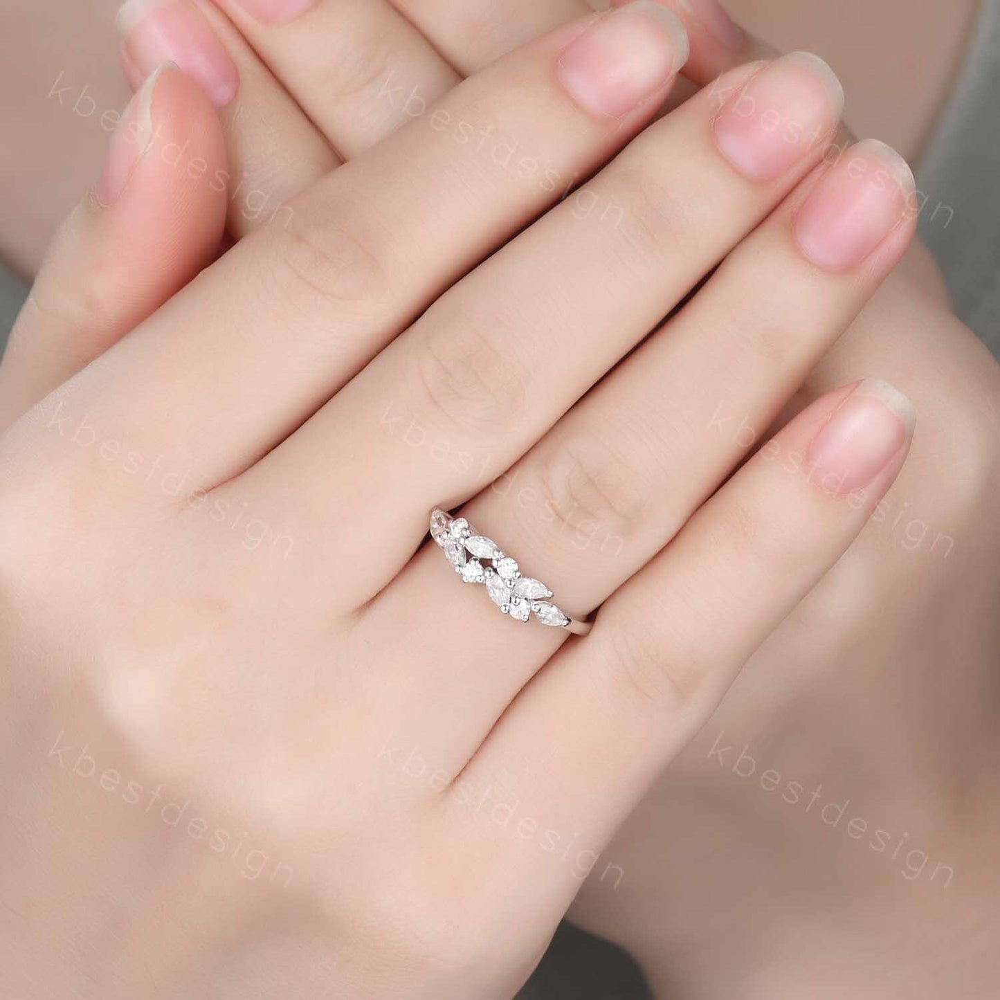 Moissanite cluster wedding band Unique marquise cut moissanite wedding band Vintage stacking matching band Silver ring Anniversary gift