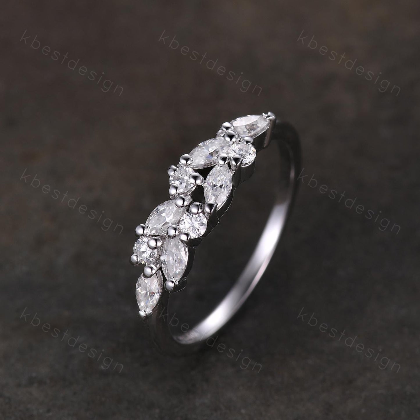 Moissanite cluster wedding band Unique marquise cut moissanite wedding band Vintage stacking matching band Silver ring Anniversary gift