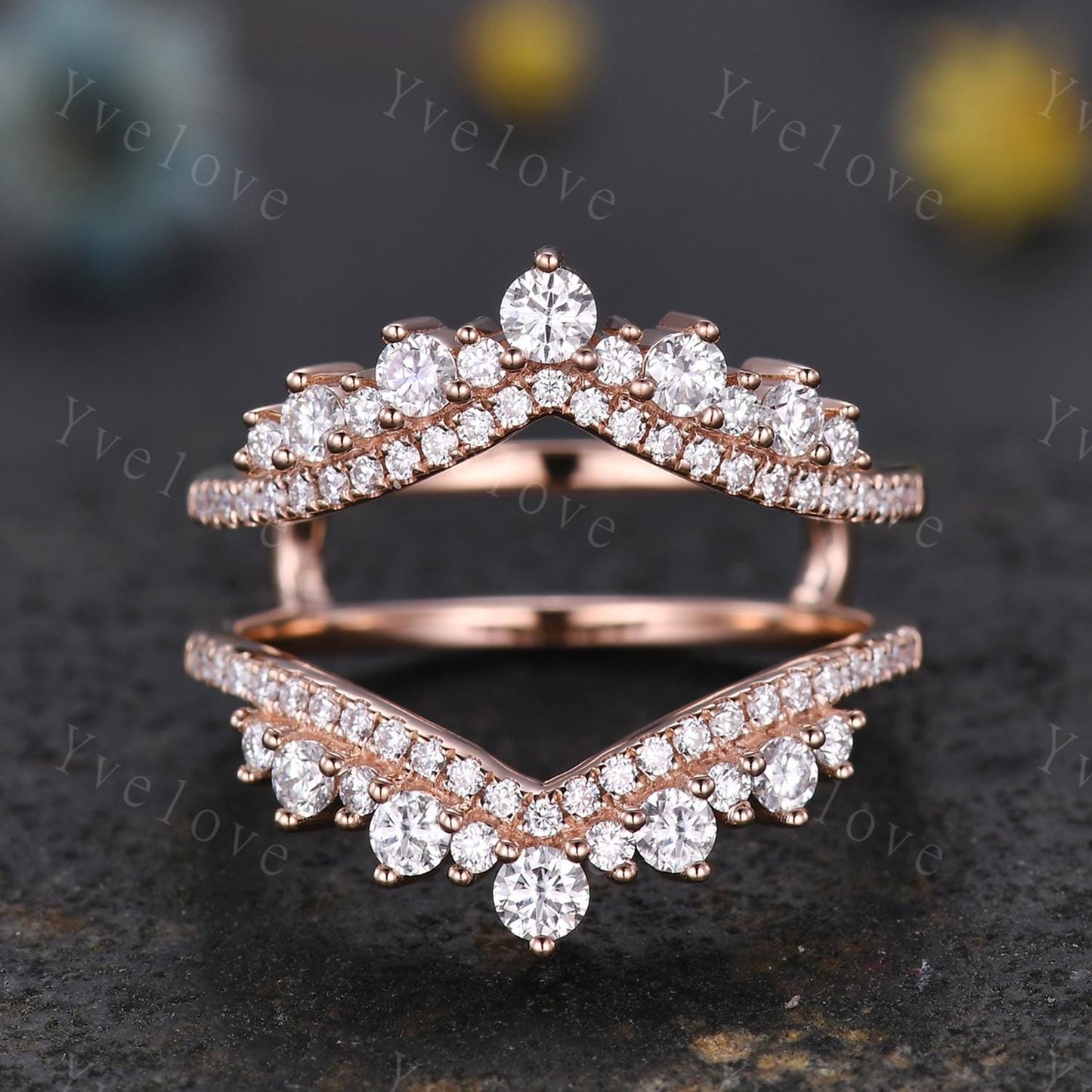 Moissanite enhancer wedding band,14k rose gold tiara ring,Diamond curved wrap guard stackable band,Personalized ring,Women promise ring gift