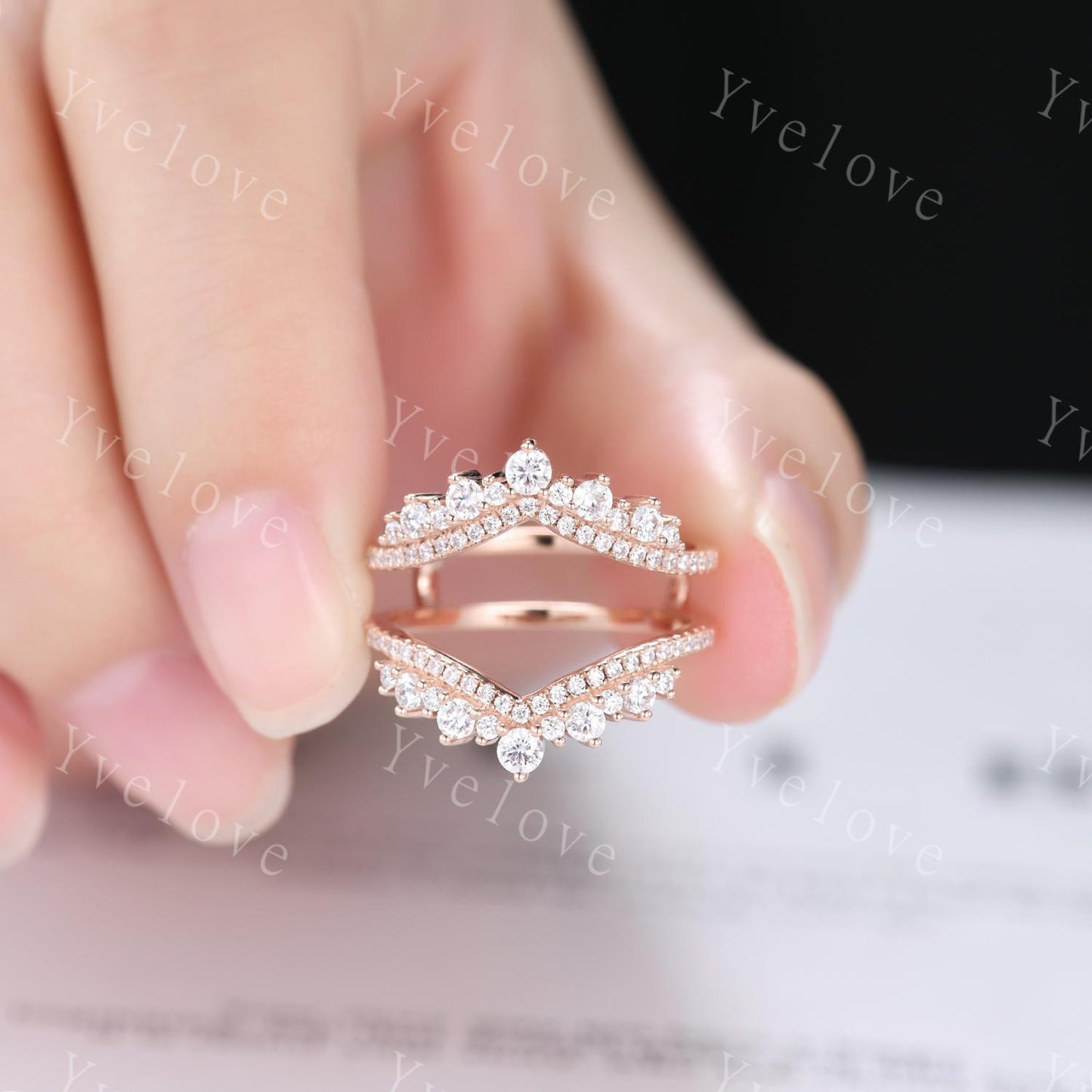 Moissanite enhancer wedding band,14k rose gold tiara ring,Diamond curved wrap guard stackable band,Personalized ring,Women promise ring gift