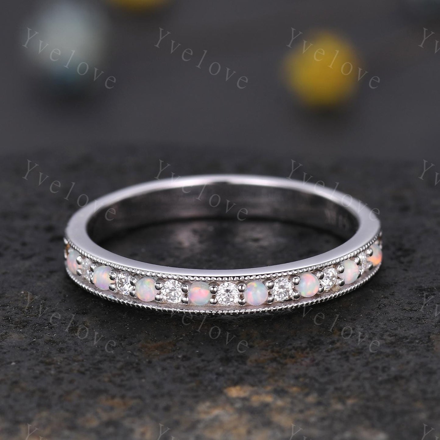 Minimalist Opal Moissanite Ring,Opal Wedding Band,14K White Gold,Channel Set Stacking Ring,Matching Band,Promise Anniversary Gift for Women
