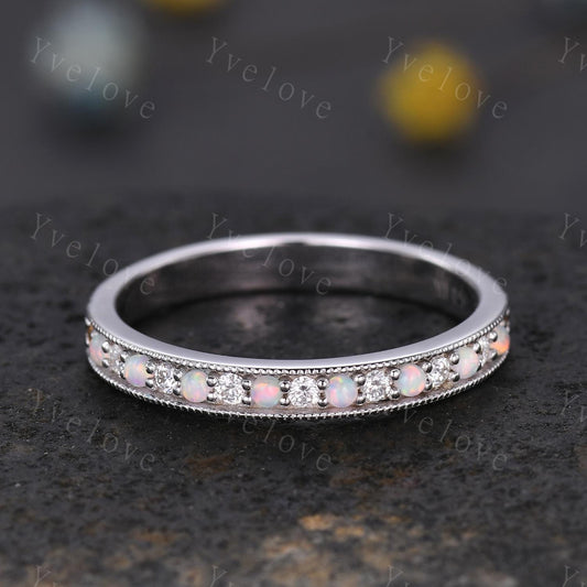 Minimalist Opal Moissanite Ring,Opal Wedding Band,14K White Gold,Channel Set Stacking Ring,Matching Band,Promise Anniversary Gift for Women
