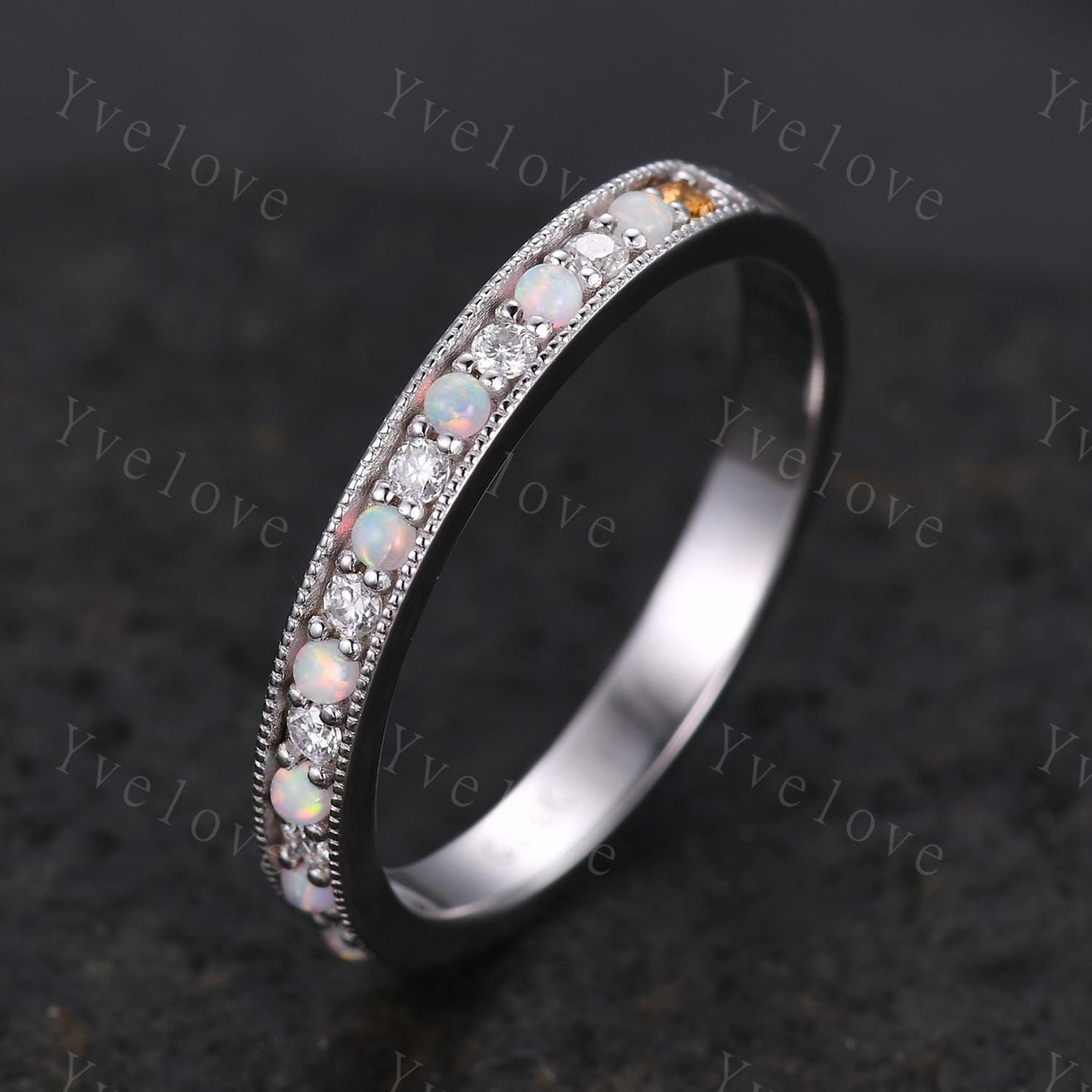 Minimalist Opal Moissanite Ring,Opal Wedding Band,14K White Gold,Channel Set Stacking Ring,Matching Band,Promise Anniversary Gift for Women
