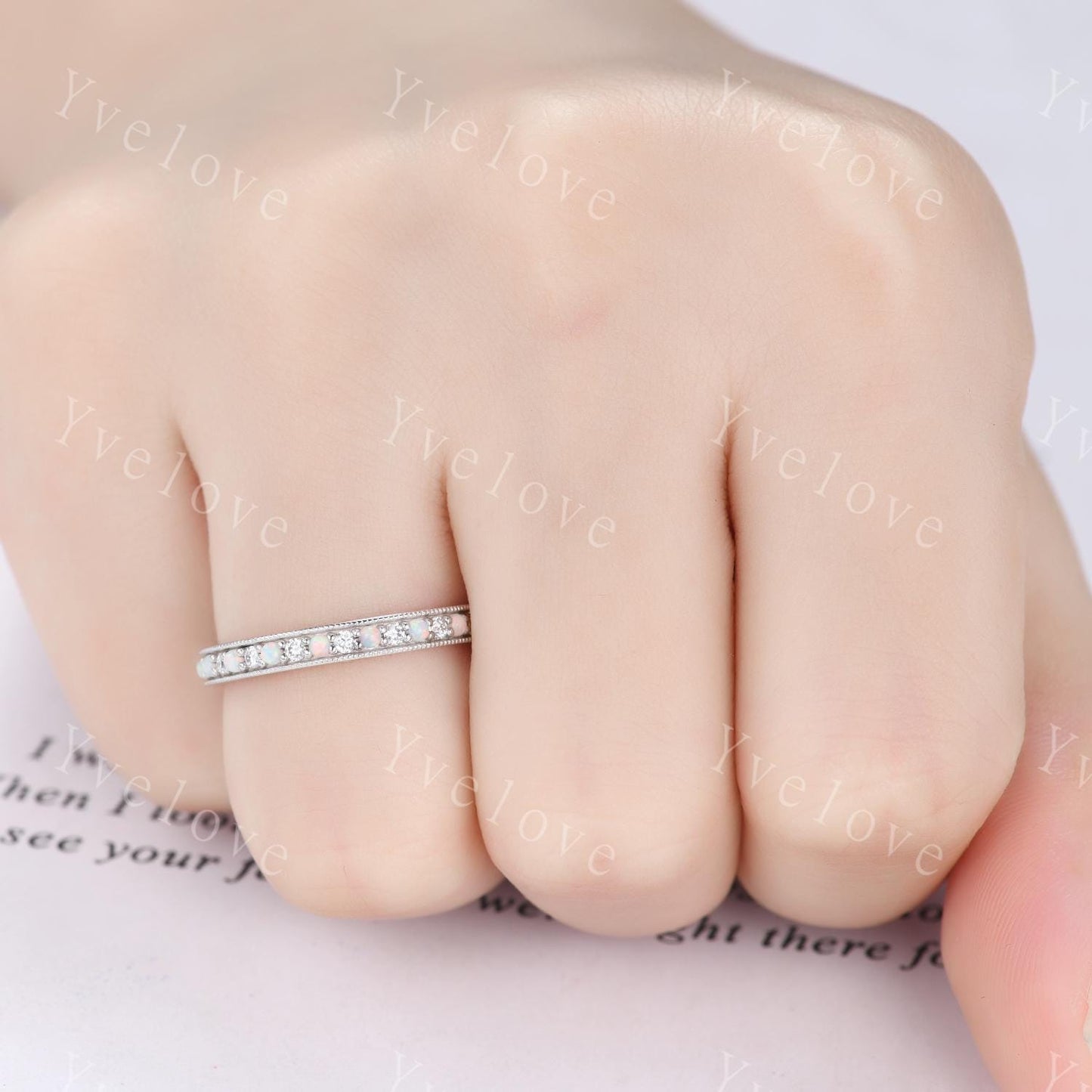 Minimalist Opal Moissanite Ring,Opal Wedding Band,14K White Gold,Channel Set Stacking Ring,Matching Band,Promise Anniversary Gift for Women