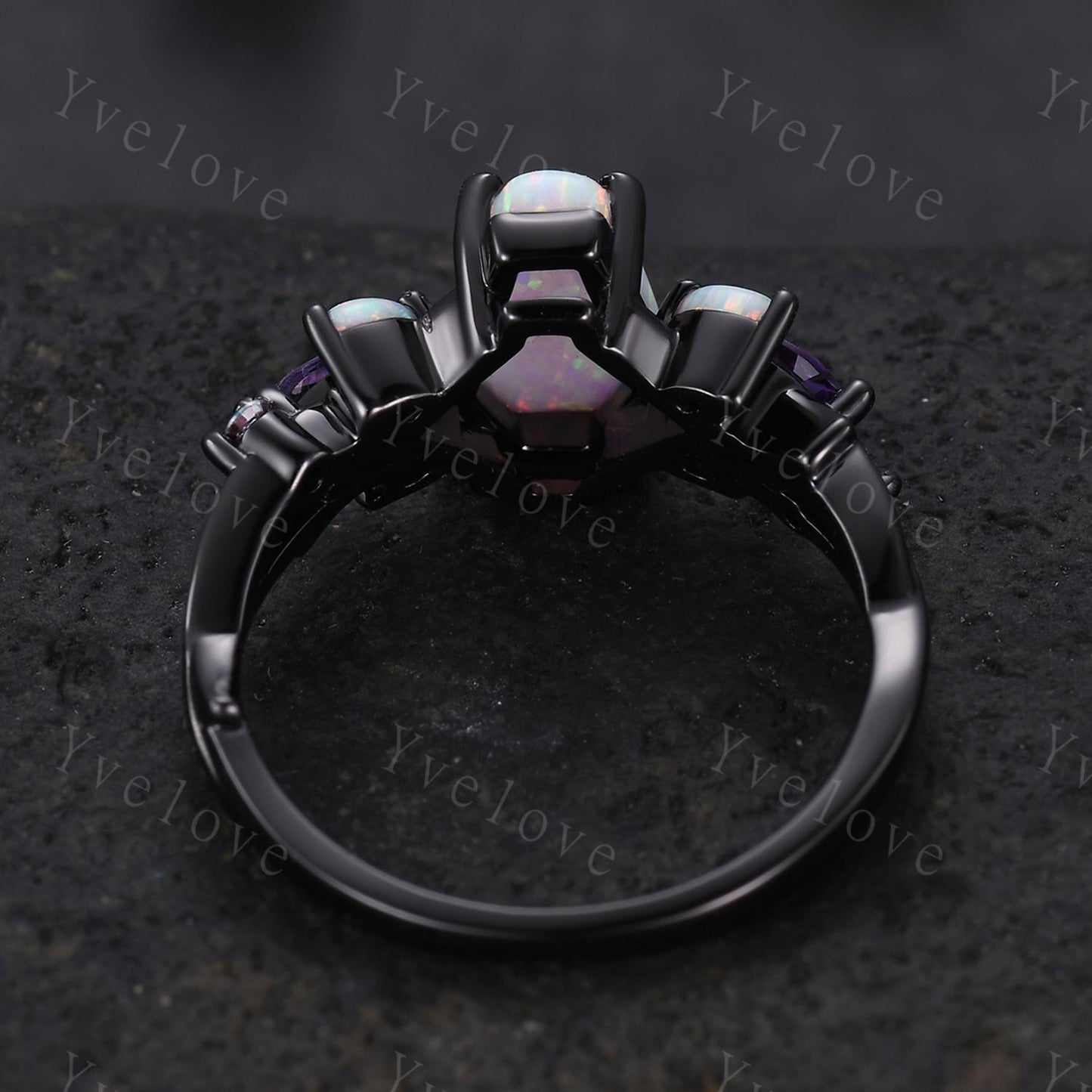 Vintage Coffin White Opal Engagement Ring,Black Gold,Vines Amethyst Opal Ring,Women Bridal Ring,Unique Twig Anniversary Promise Ring Gift