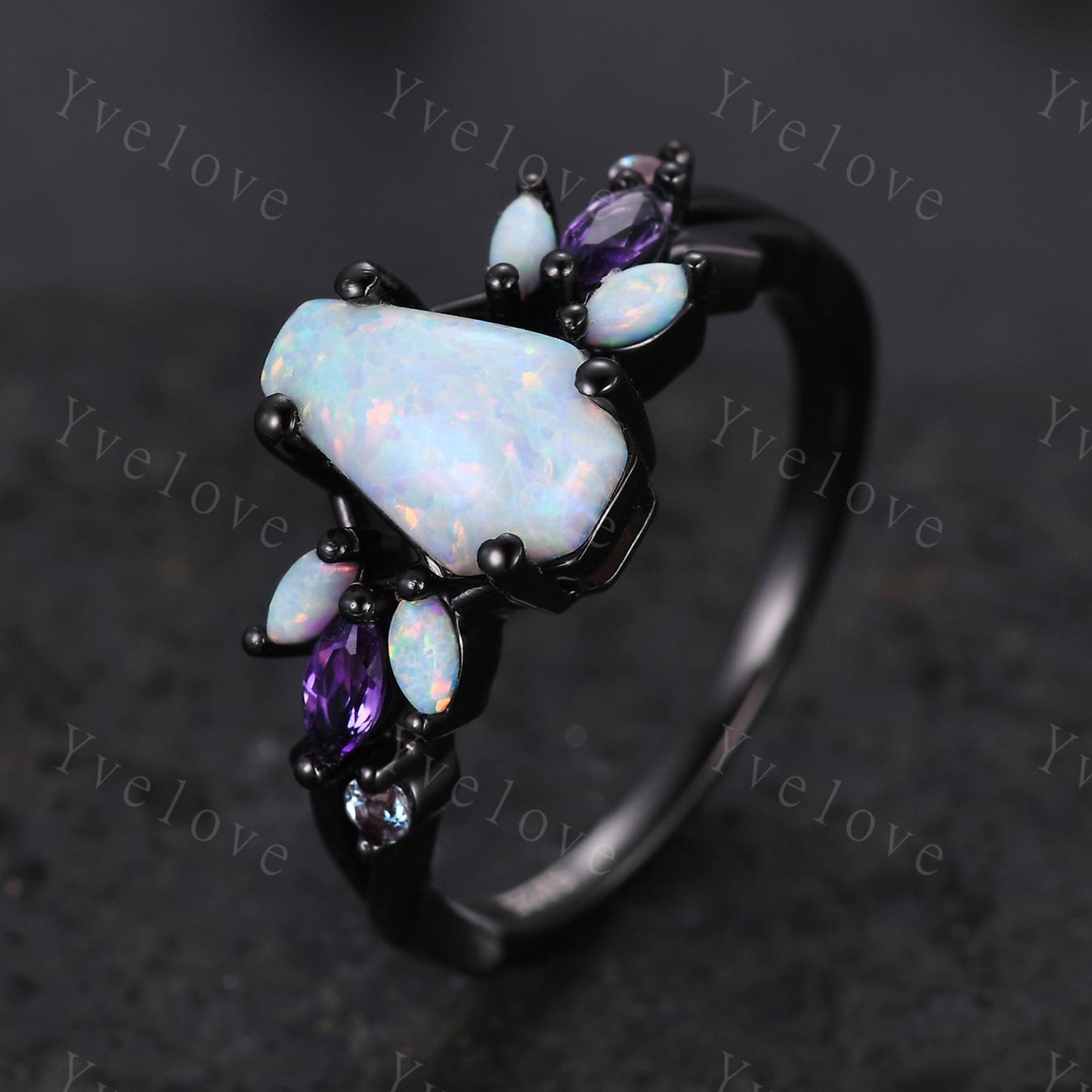Vintage Coffin White Opal Engagement Ring,Black Gold,Vines Amethyst Opal Ring,Women Bridal Ring,Unique Twig Anniversary Promise Ring Gift