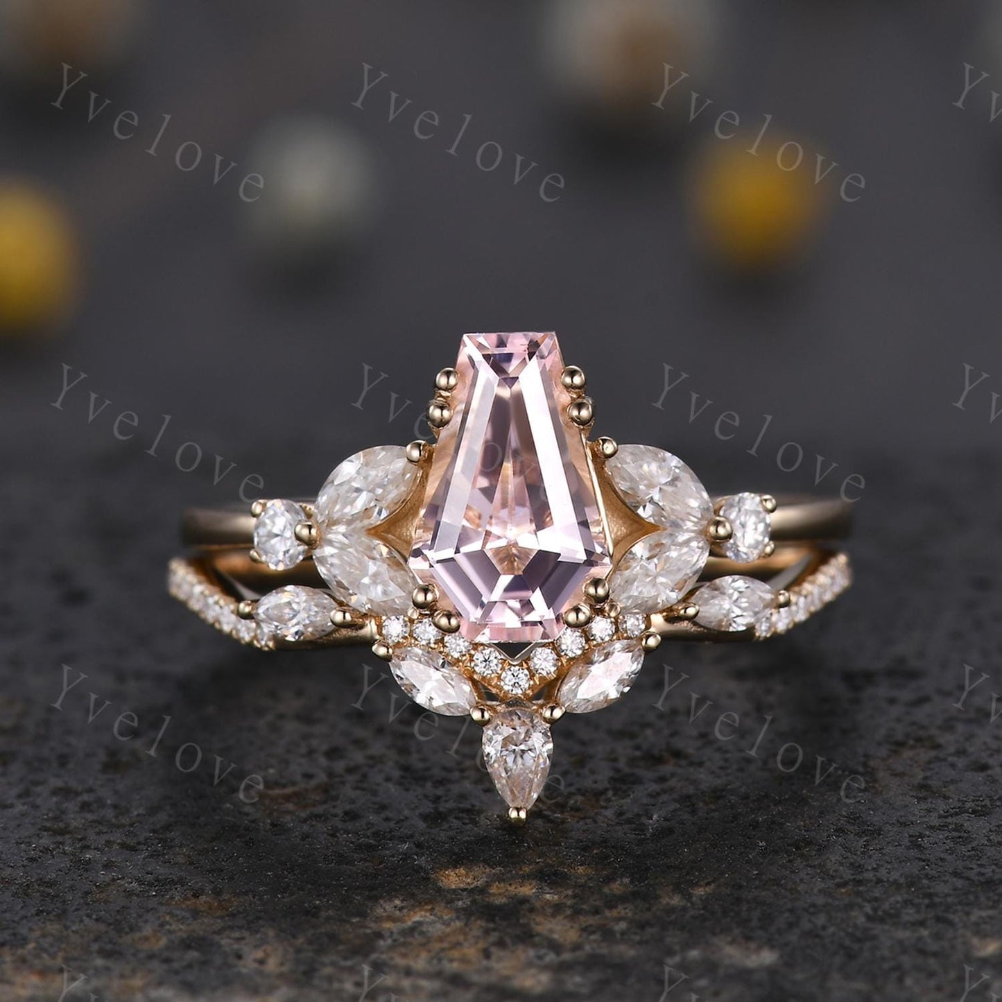 Vintage coffin shaped pink sapphire ring set moissanite wedding ring Unique sapphire engagement ring solid 14k rose gold bridal promise ring