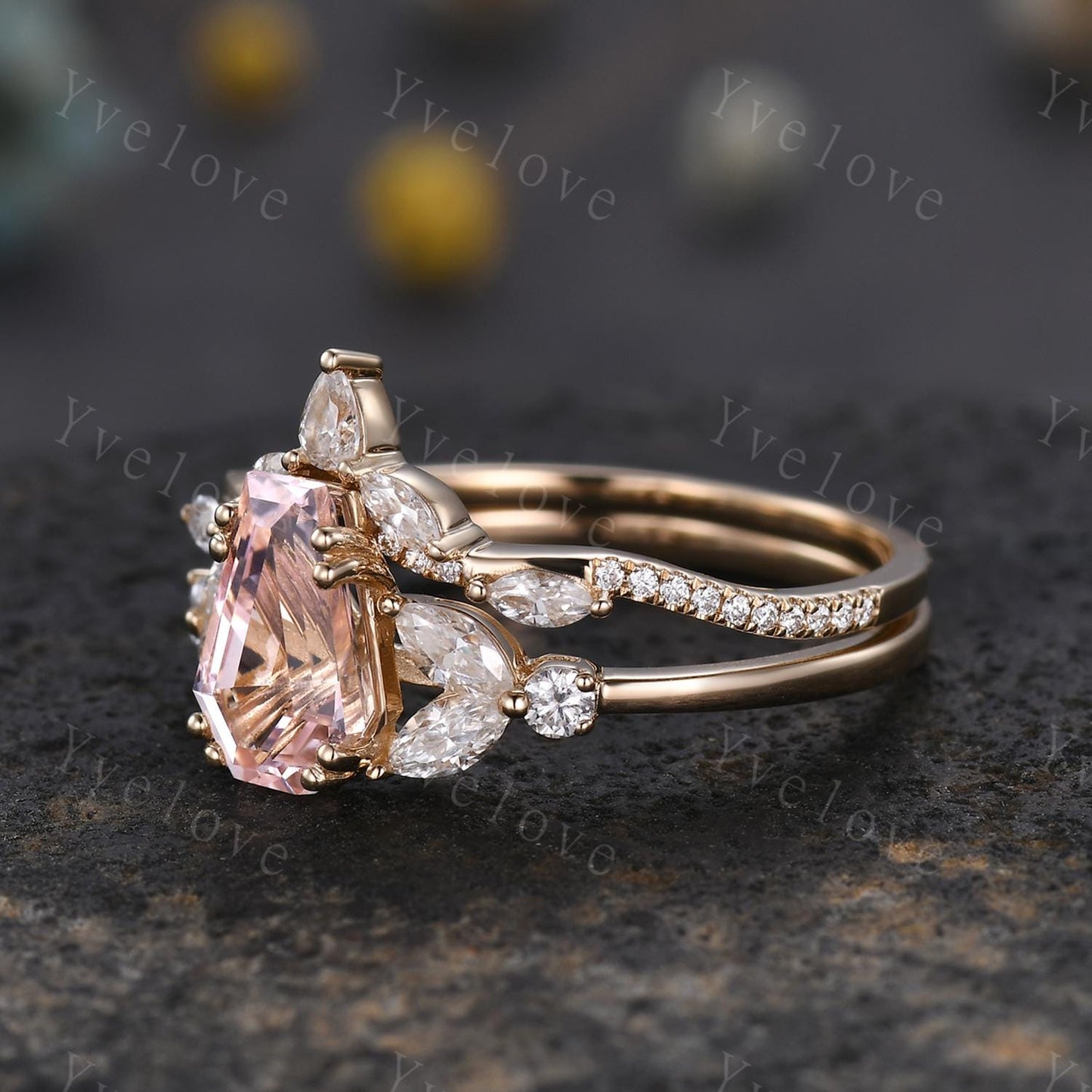 Vintage coffin shaped pink sapphire ring set moissanite wedding ring Unique sapphire engagement ring solid 14k rose gold bridal promise ring