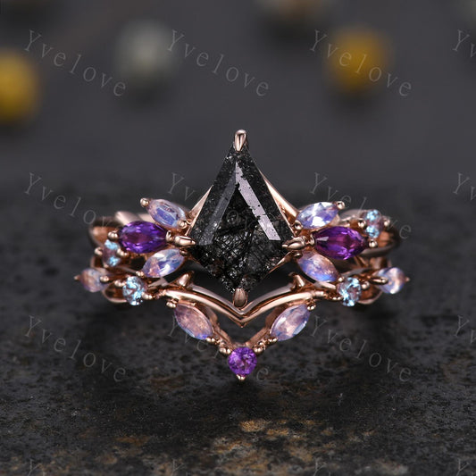 Vintage Kite Black Rutilated Quartz Engagement Ring,Rose Gold Ring,Vines Moonstone Amethyst Ring,Women Bridal Set,Unique Promise Ring Gift