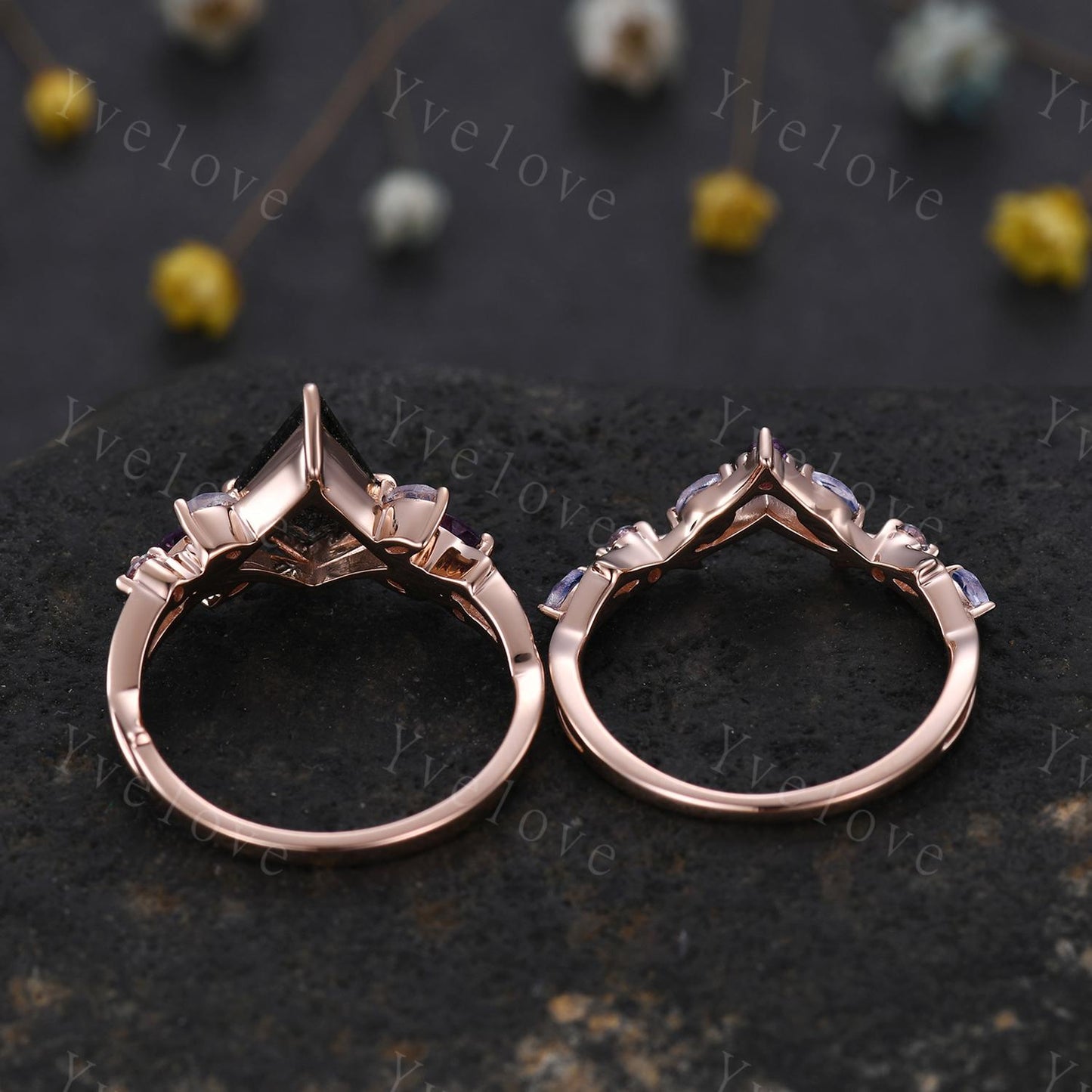 Vintage Kite Black Rutilated Quartz Engagement Ring,Rose Gold Ring,Vines Moonstone Amethyst Ring,Women Bridal Set,Unique Promise Ring Gift