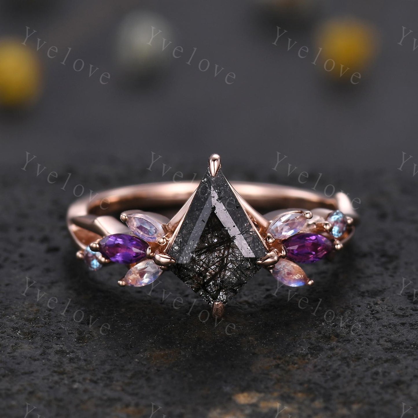 Vintage Kite Black Rutilated Quartz Engagement Ring,14k Rose Gold Ring,Vines Moonstone Amethyst Ring,Women Twig Unique Promise Ring Gift