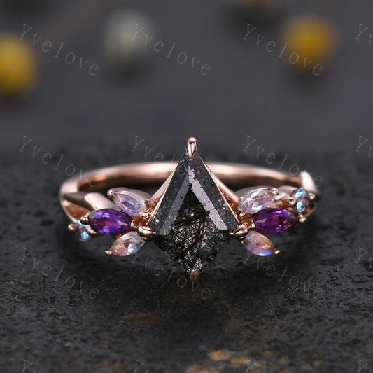 Vintage Kite Black Rutilated Quartz Engagement Ring,14k Rose Gold Ring,Vines Moonstone Amethyst Ring,Women Twig Unique Promise Ring Gift
