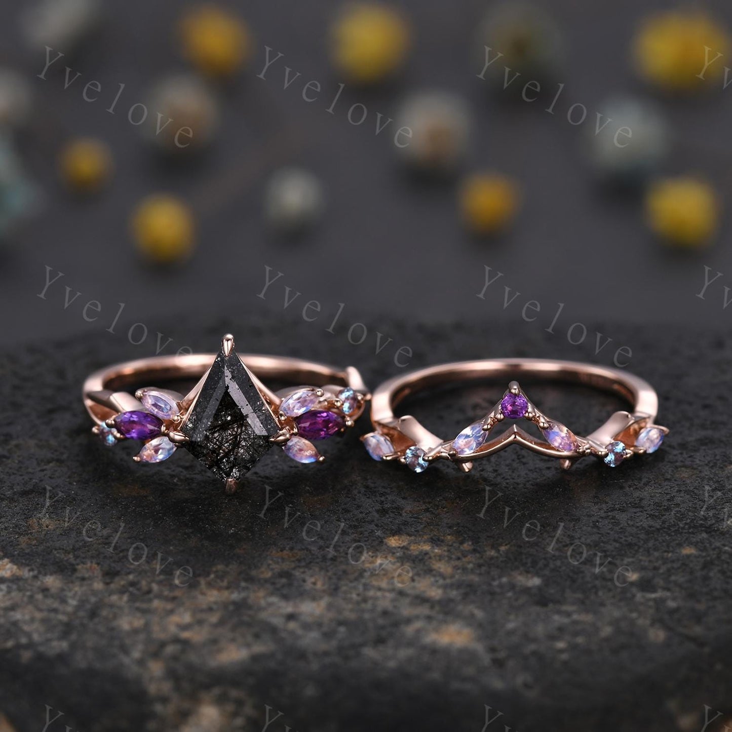 Vintage Kite Black Rutilated Quartz Engagement Ring,Rose Gold Ring,Vines Moonstone Amethyst Ring,Women Bridal Set,Unique Promise Ring Gift